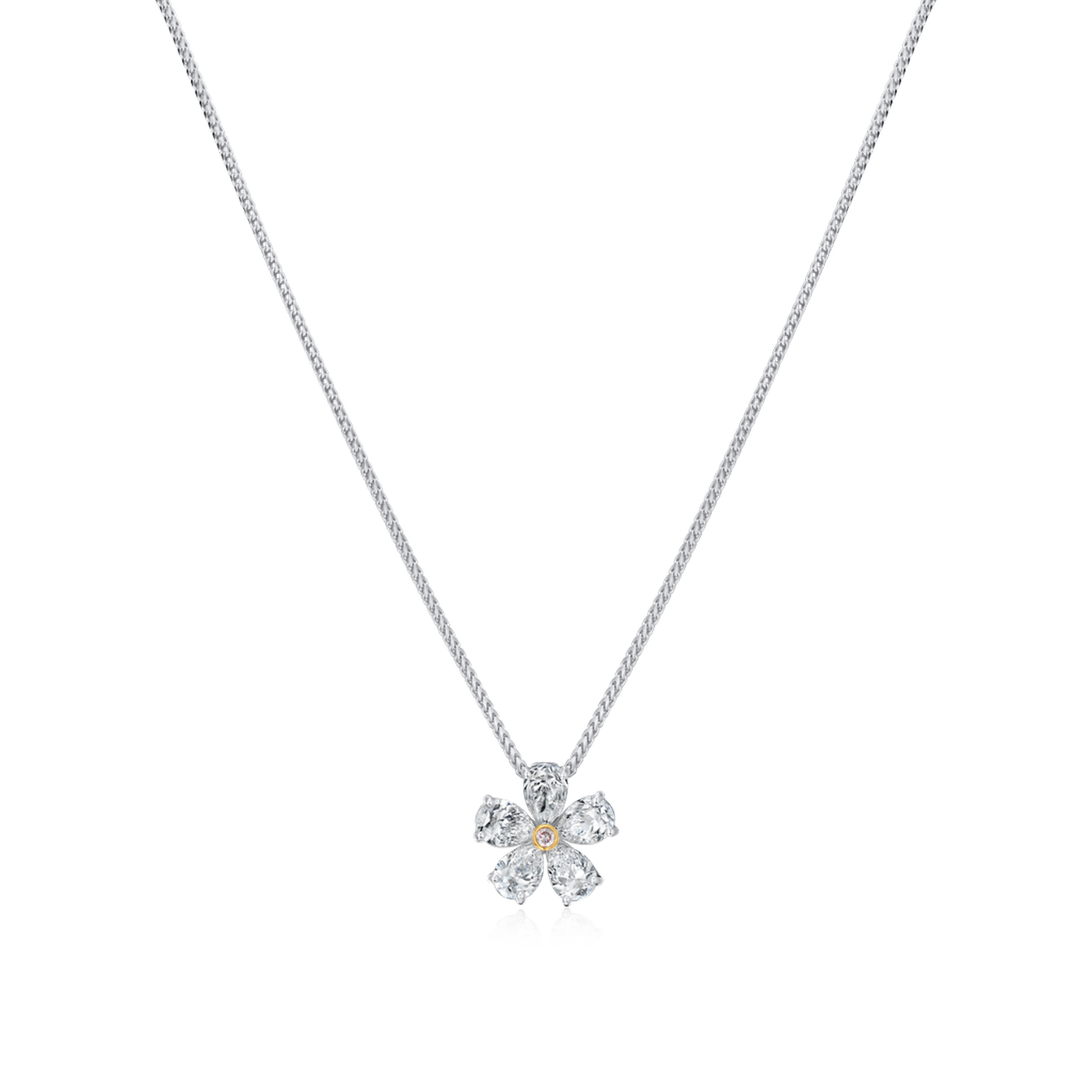 Flower-shaped pendant necklace on a white background