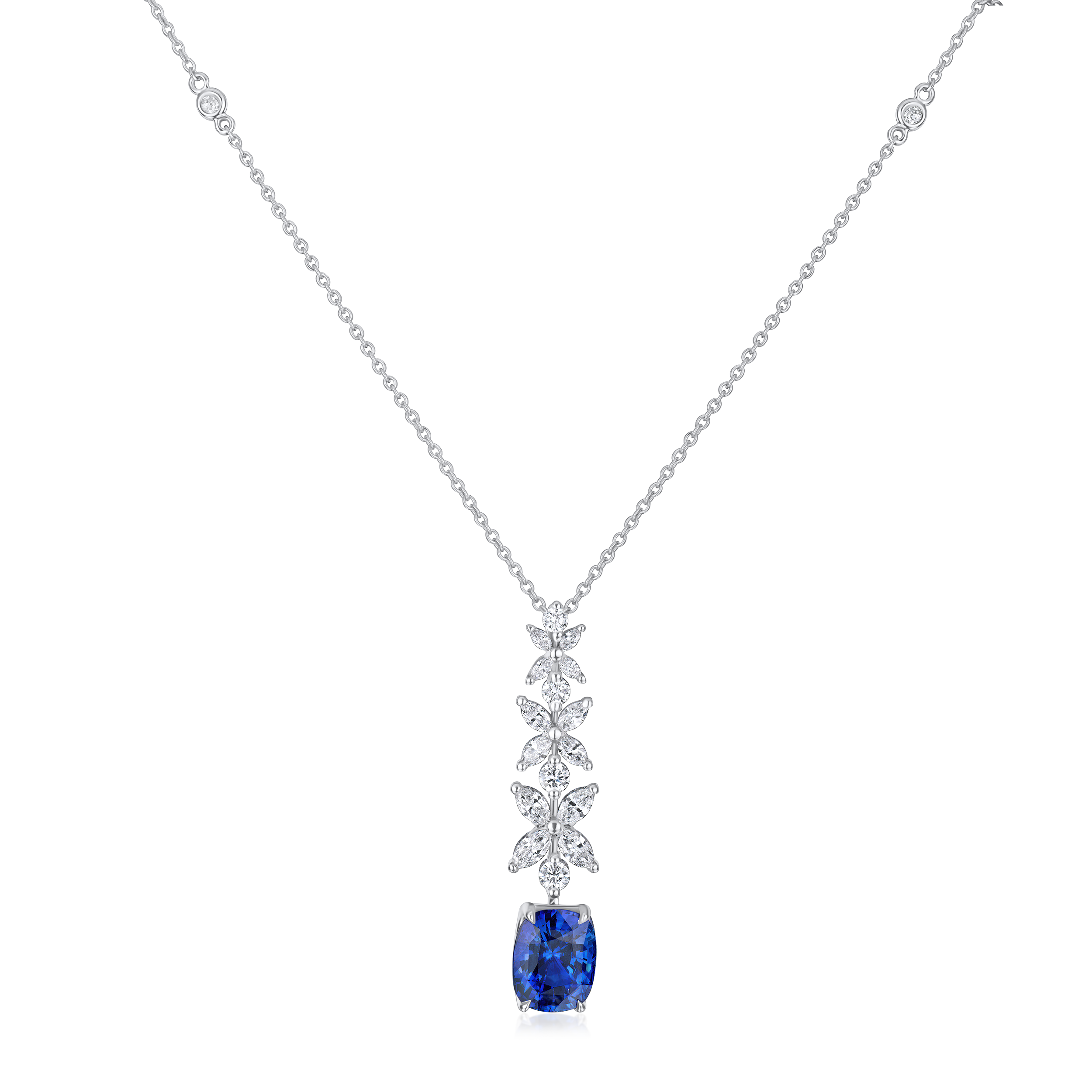 Silver necklace with a blue gemstone pendant on a white background