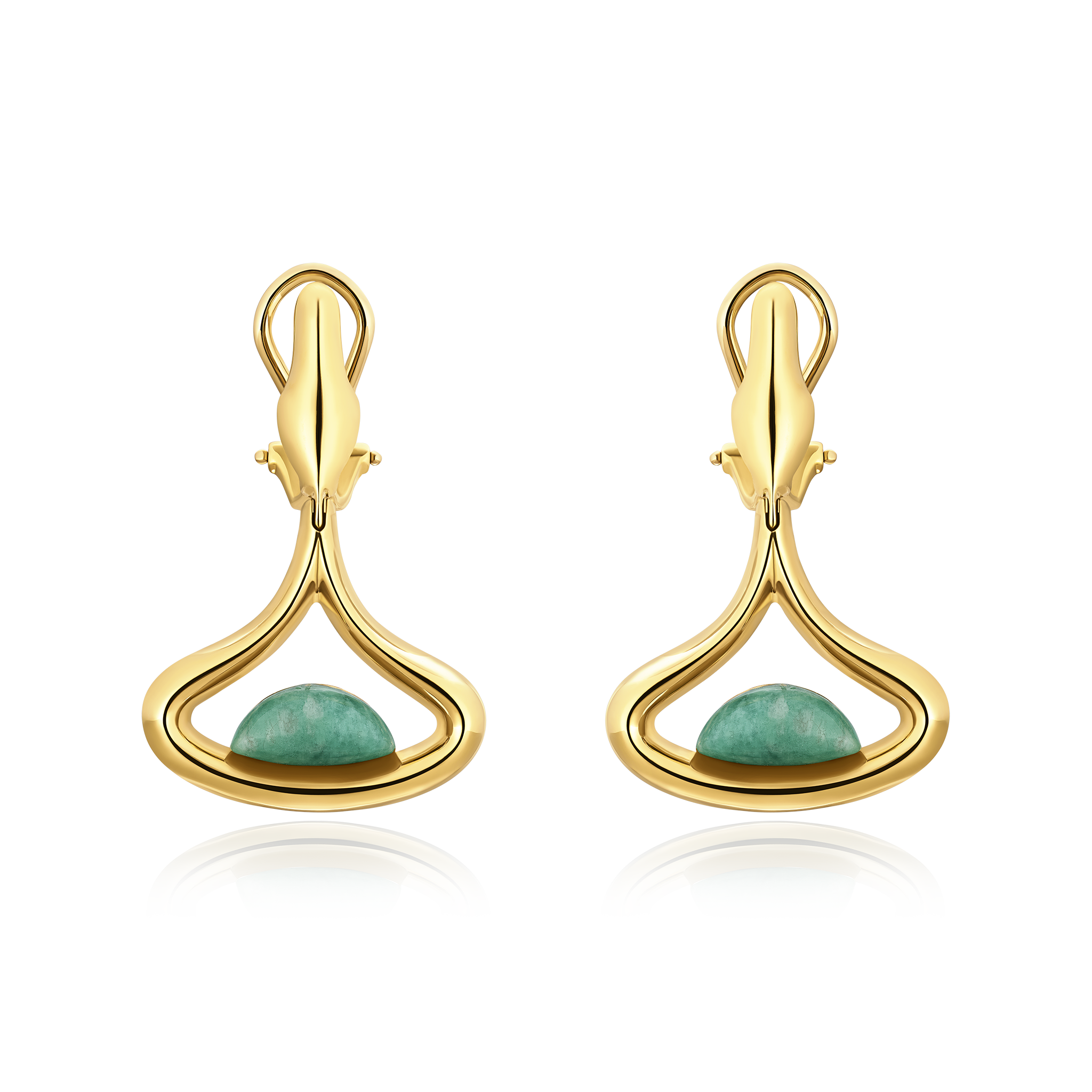 Gold earrings with green gemstones on a white background