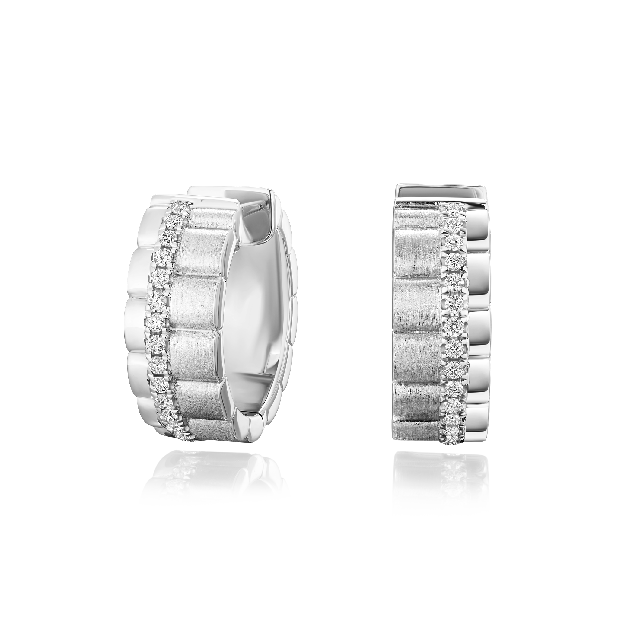 Silver hoop earrings with embedded stones on a white background