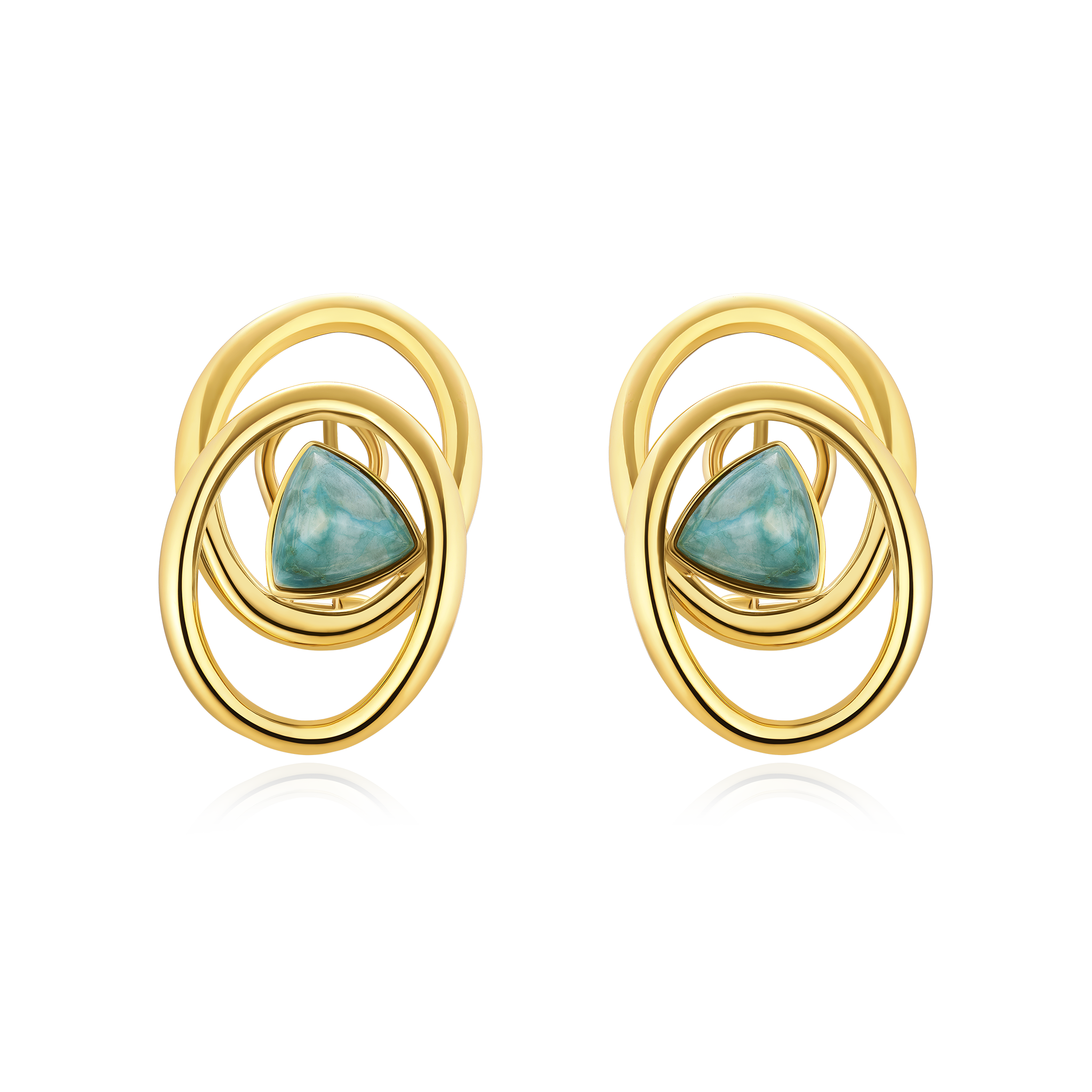Gold earrings with turquoise stones on a white background