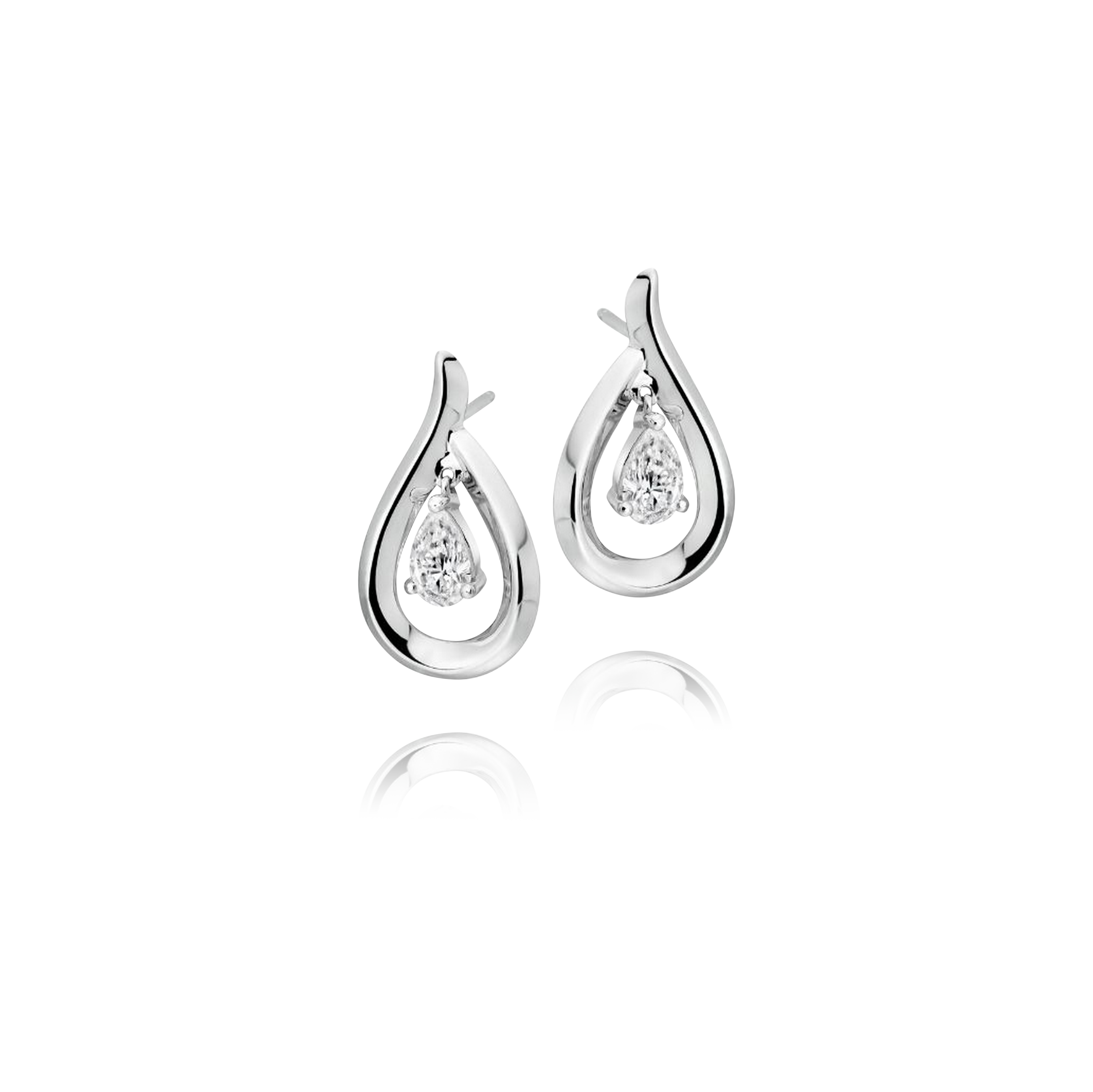 Pair of silver teardrop-shaped earrings on a white background