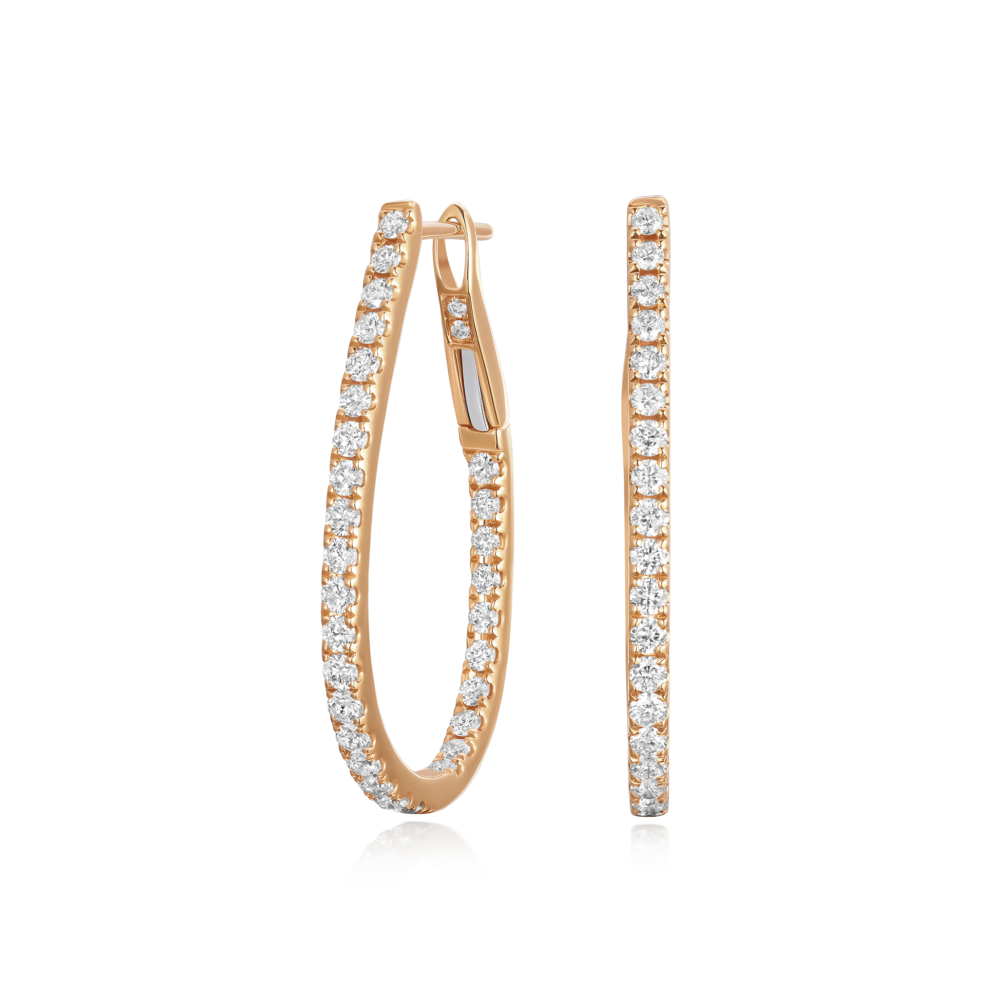 Rose gold hoop earrings with clear gemstones on a white background