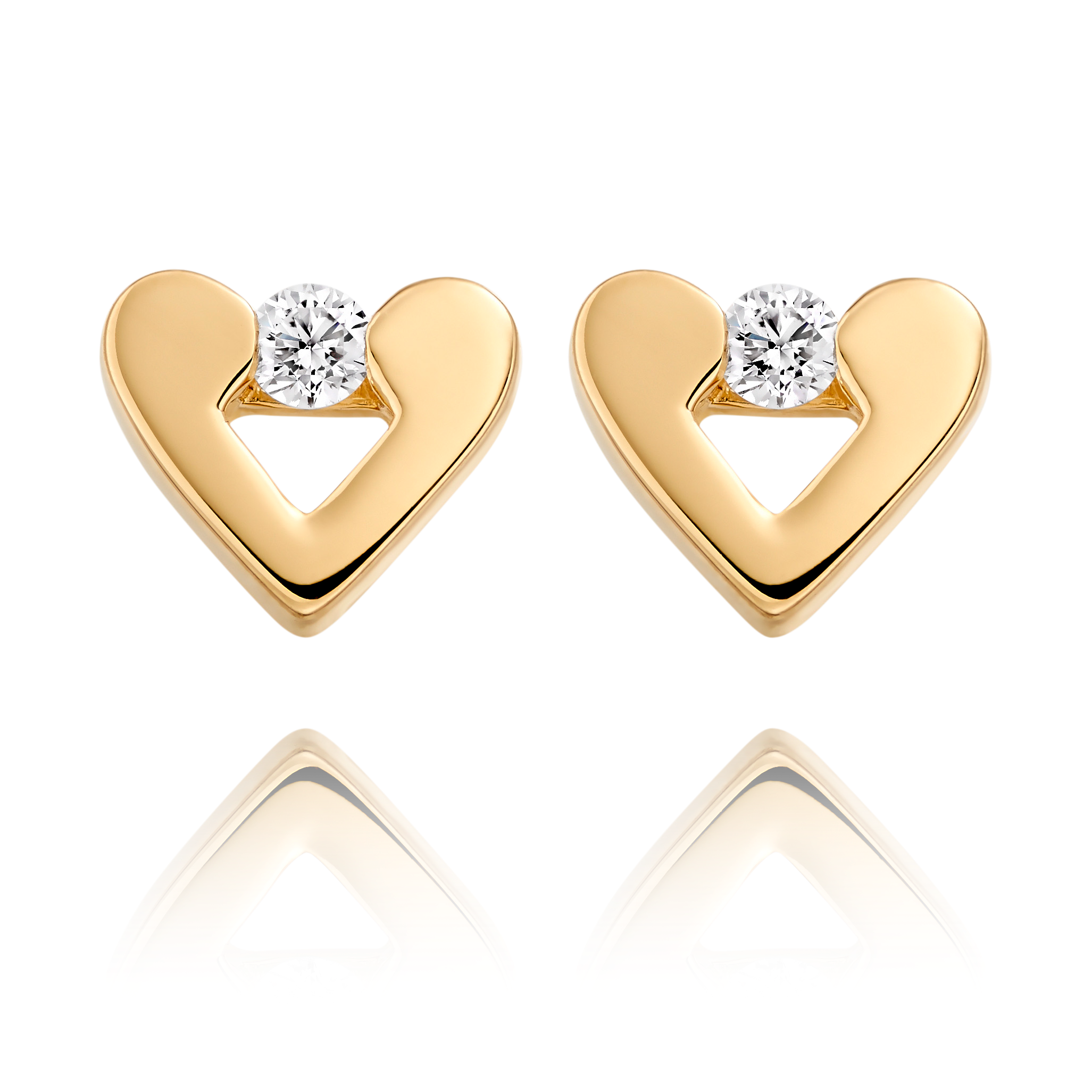 Gold heart-shaped earrings with clear gemstones on a white background