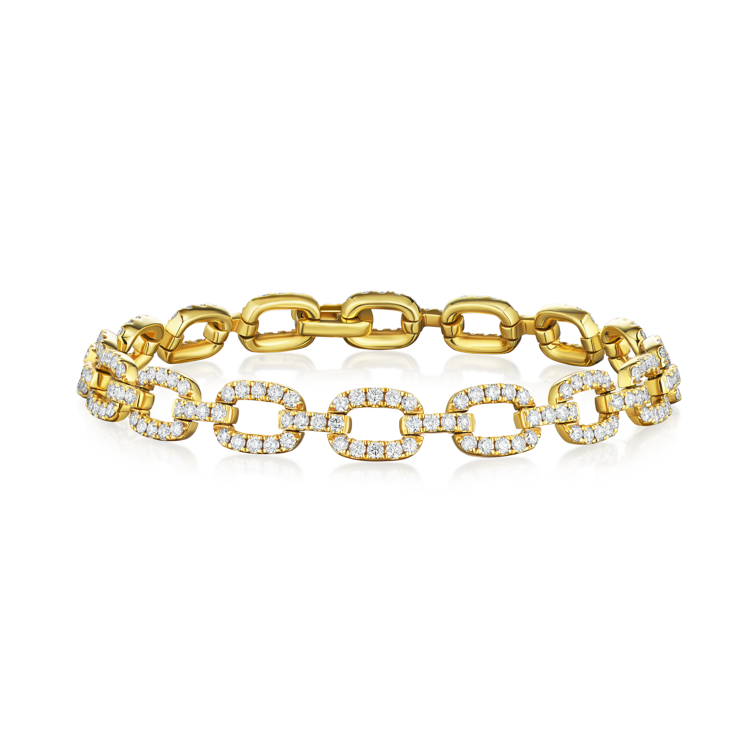 Gold chain bracelet with diamond accents on a white background