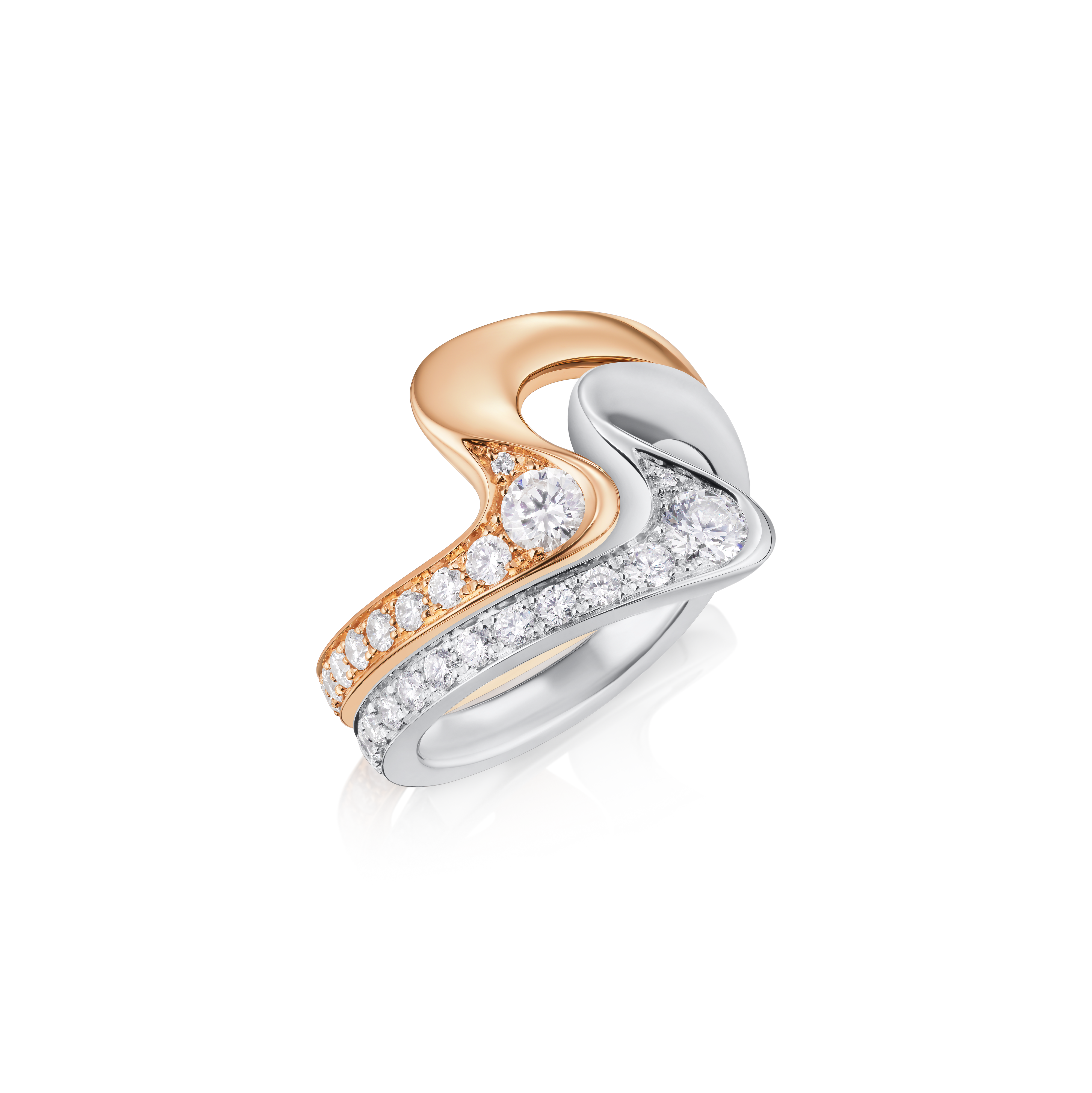 Two-tone heart-shaped ring with diamonds on a white background