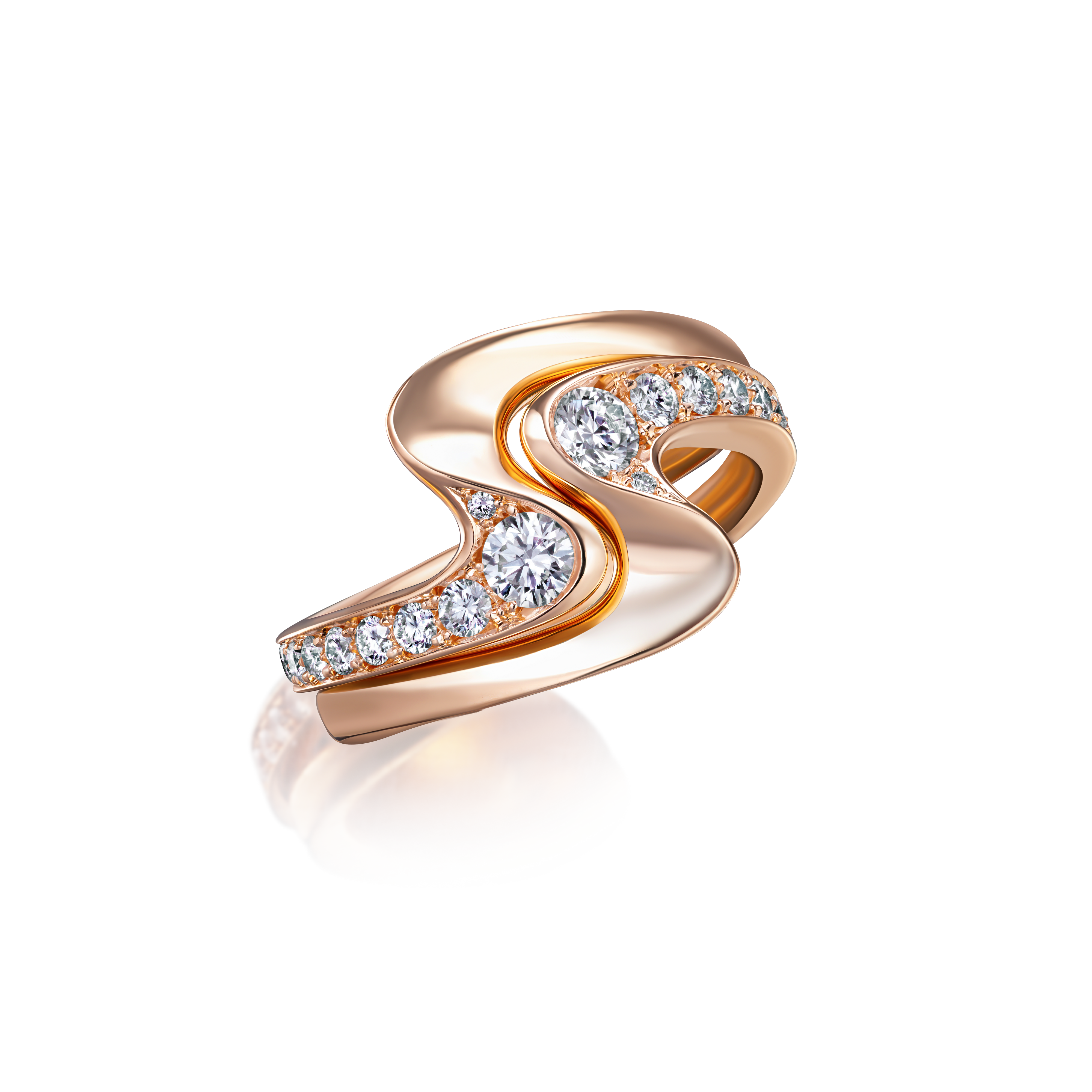Rose gold ring with diamond accents on a white background