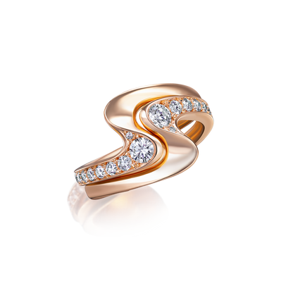 Rose gold ring with diamond accents on a white background