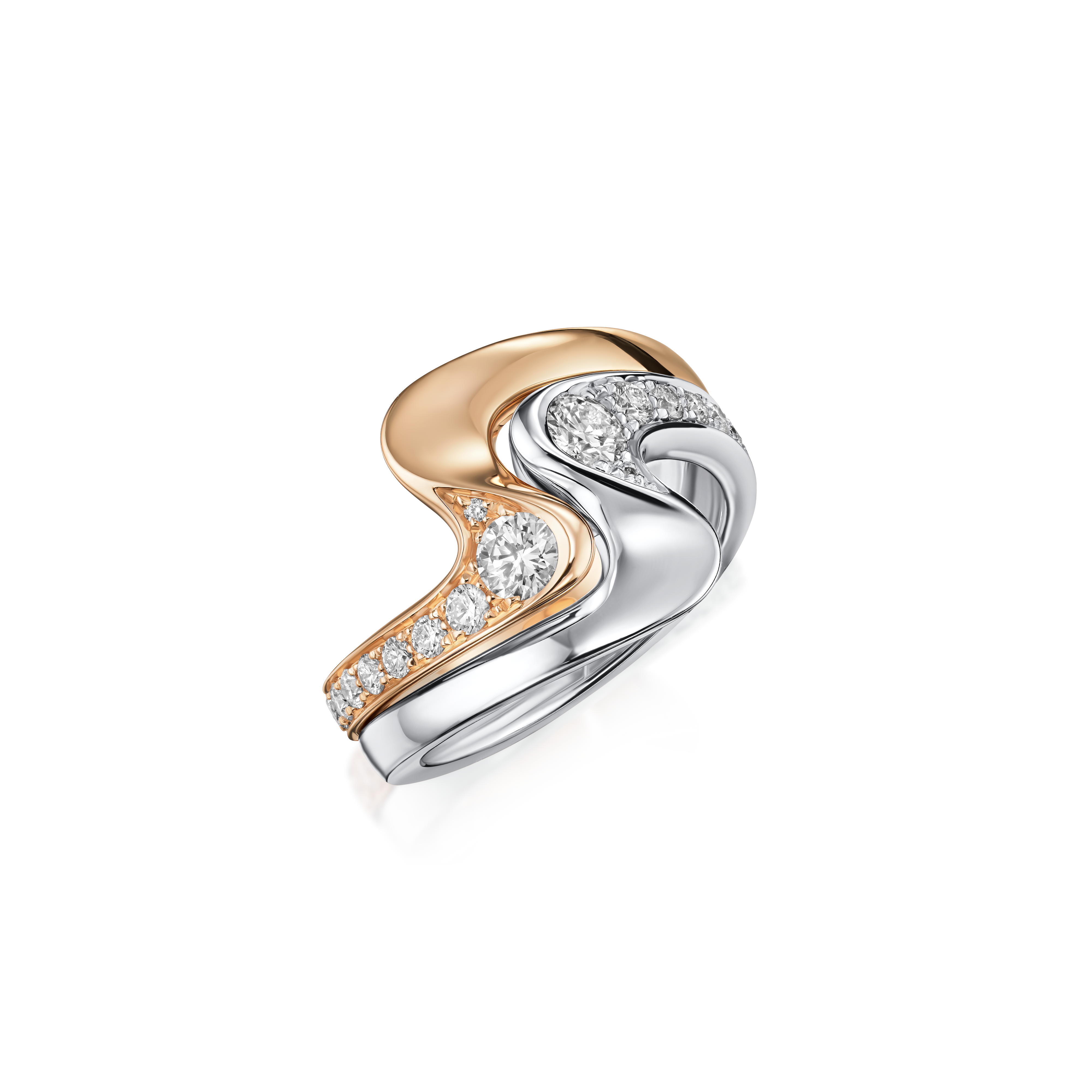 Two-tone ring with diamonds on a white background