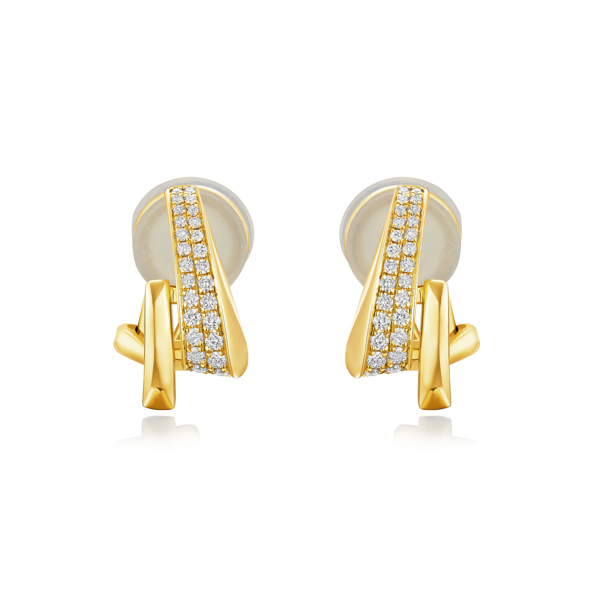 Gold earrings with white stones on a white background