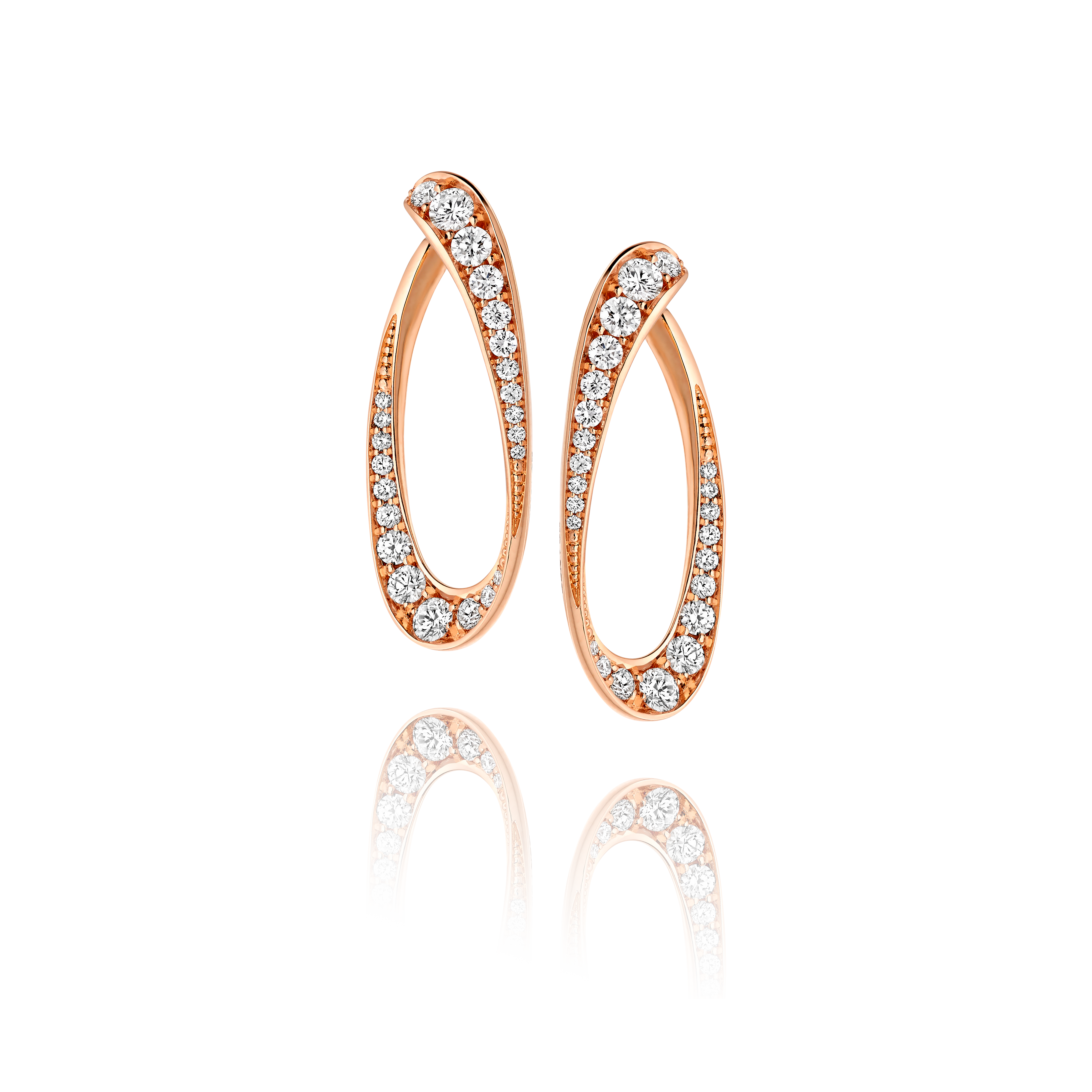 Rose gold earrings with diamond accents on a white background