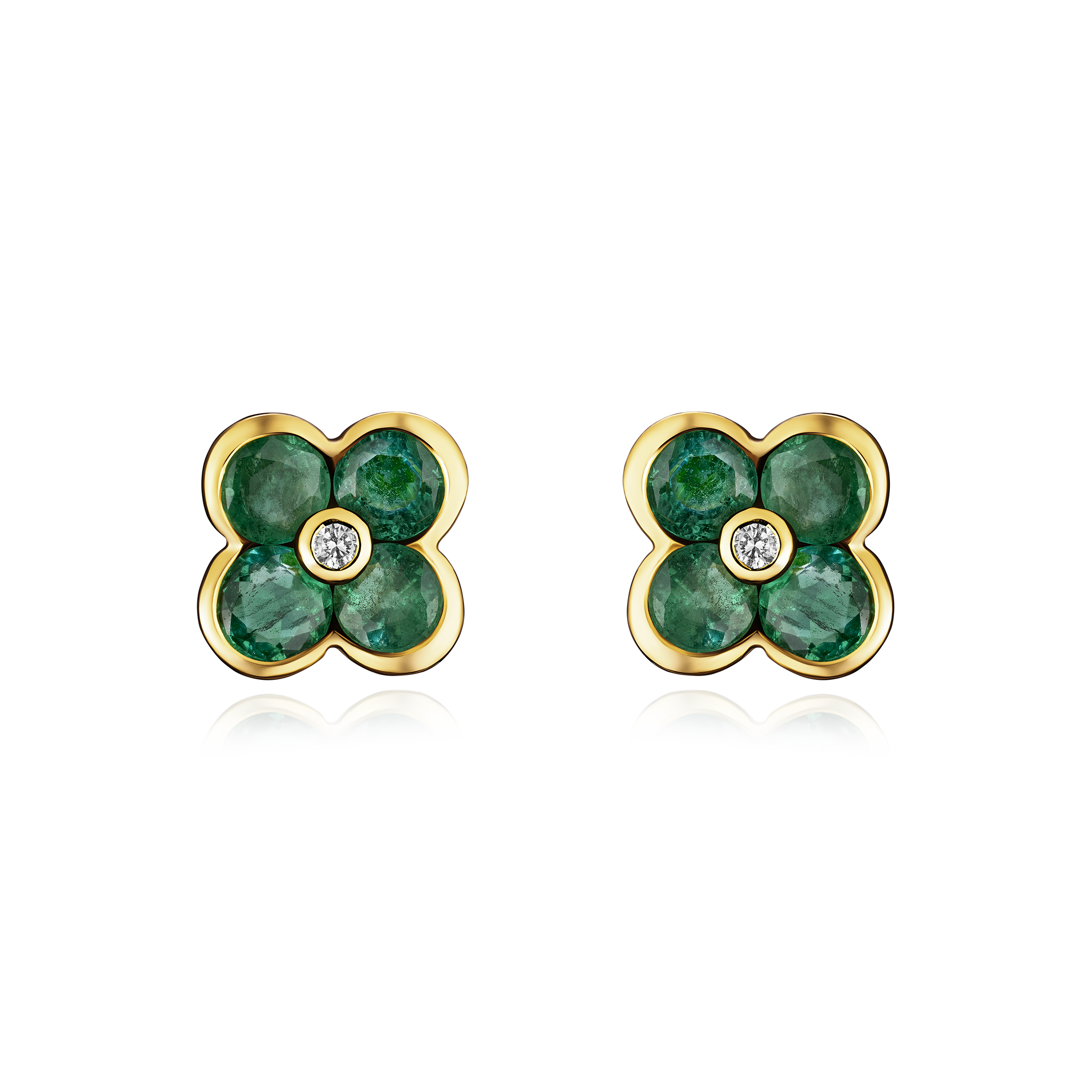 Pair of clover-shaped earrings with green gemstones and gold accents on a black background