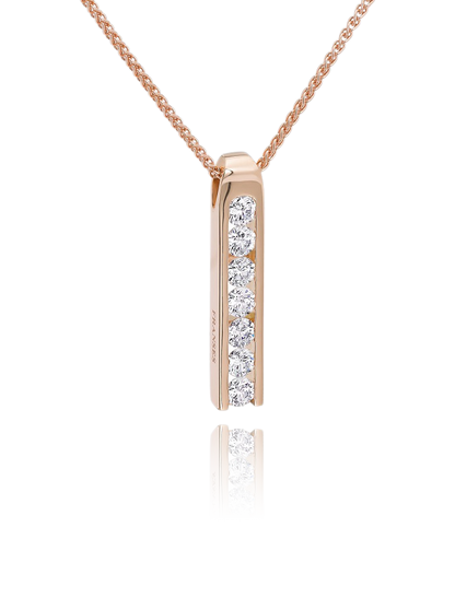 Rose gold necklace with a vertical diamond pendant on a white background