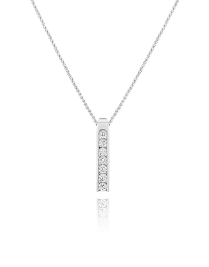 Silver necklace with a bar-shaped pendant on a white background