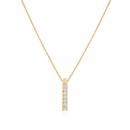 Gold necklace with a bar pendant featuring small diamonds on a white background