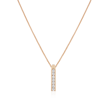 Rose gold necklace with a bar pendant on a white background