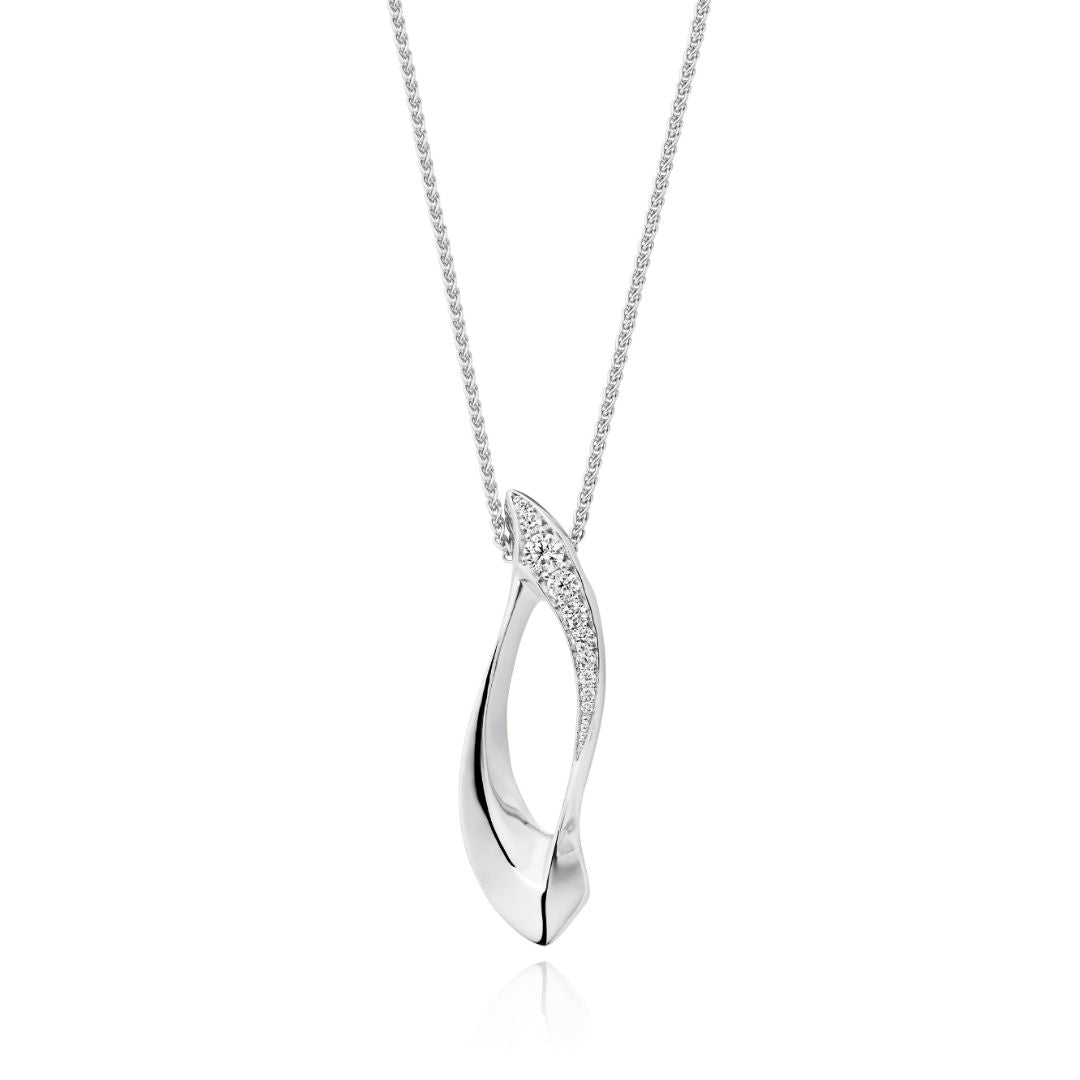 Silver necklace with a wave-shaped pendant on a white background