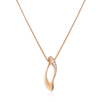 Rose gold necklace with a diamond pendant on a white background