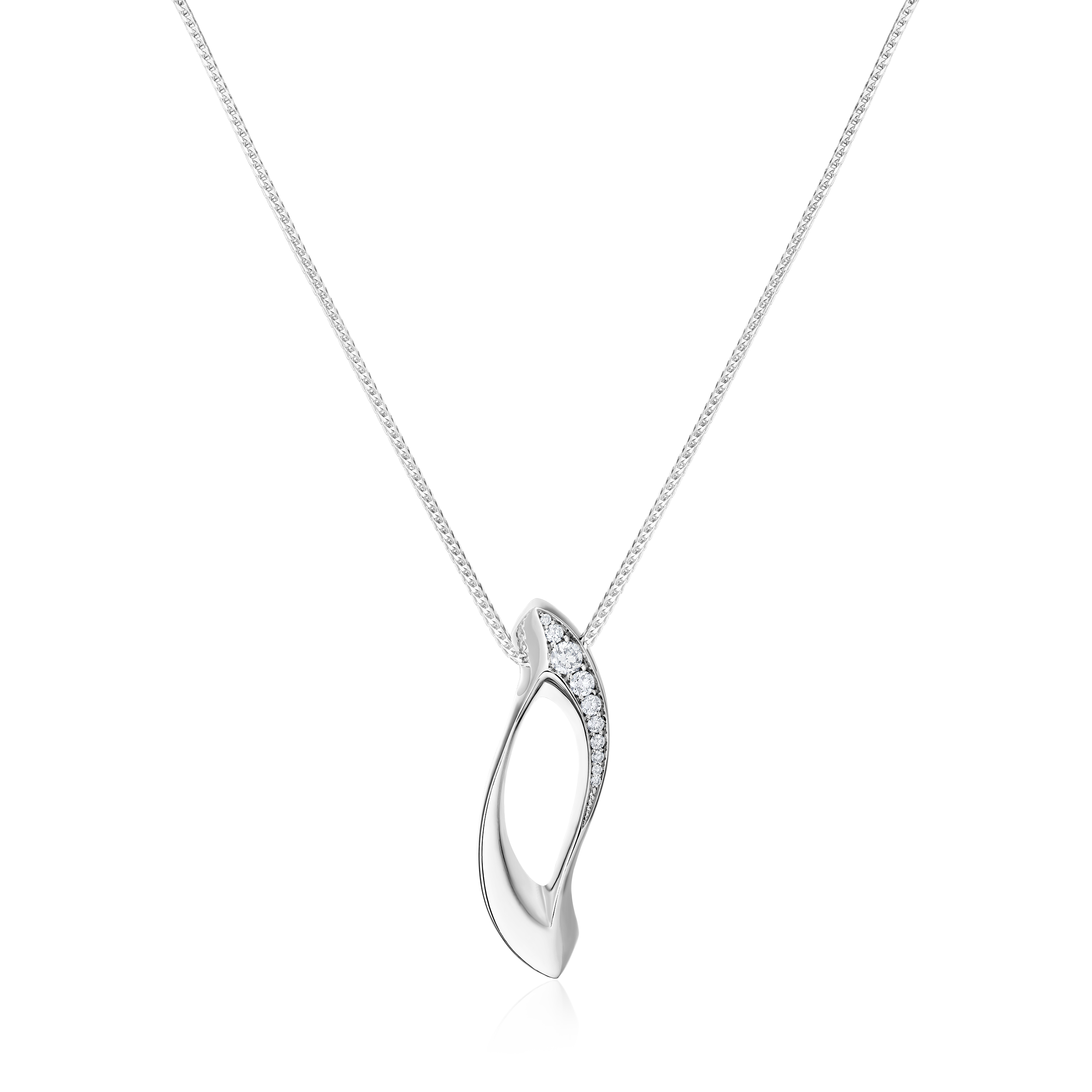 Silver necklace with a wave-shaped pendant on a white background