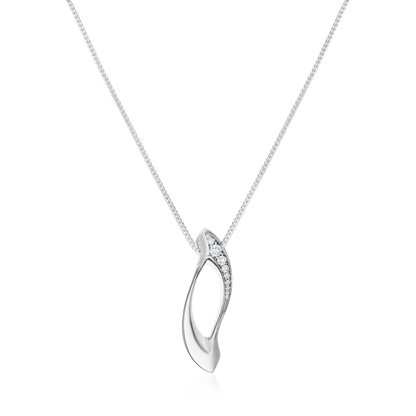 Silver necklace with a wave-shaped pendant on a white background