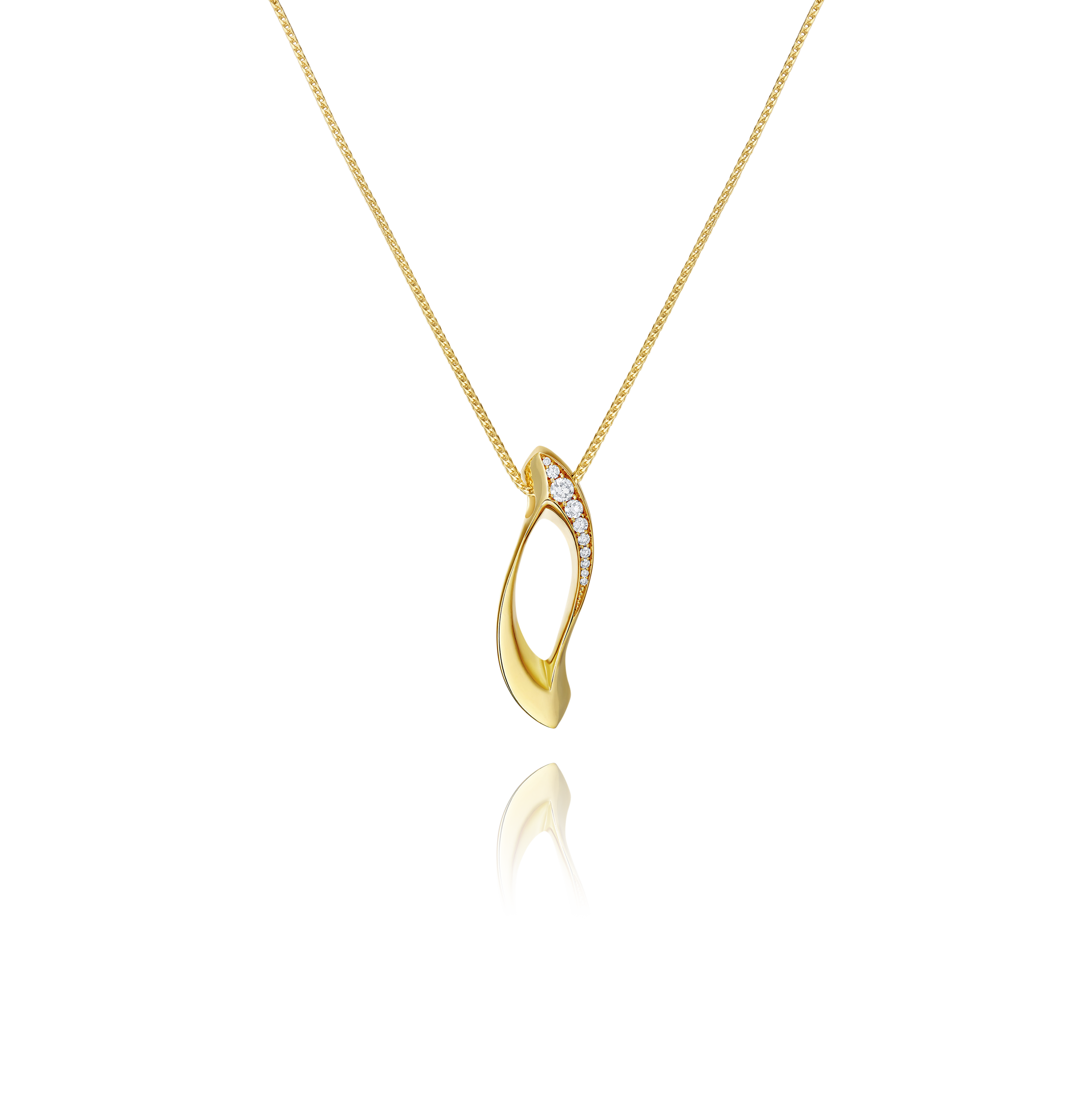 Gold necklace with a unique pendant on a white background