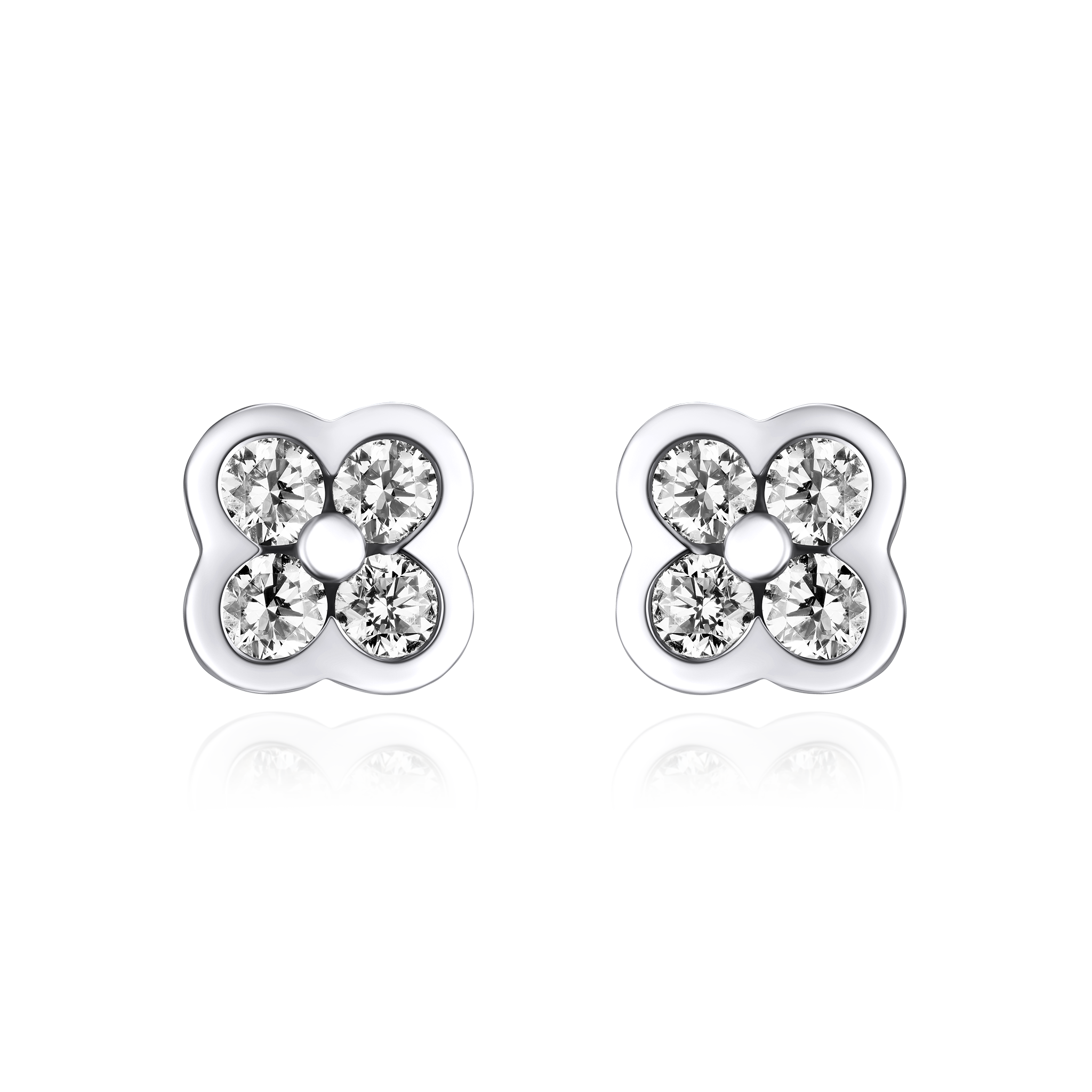 Pair of silver flower-shaped earrings with clear gemstones on a white background
