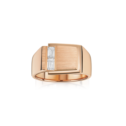 Rose gold ring with diamond accents on a white background