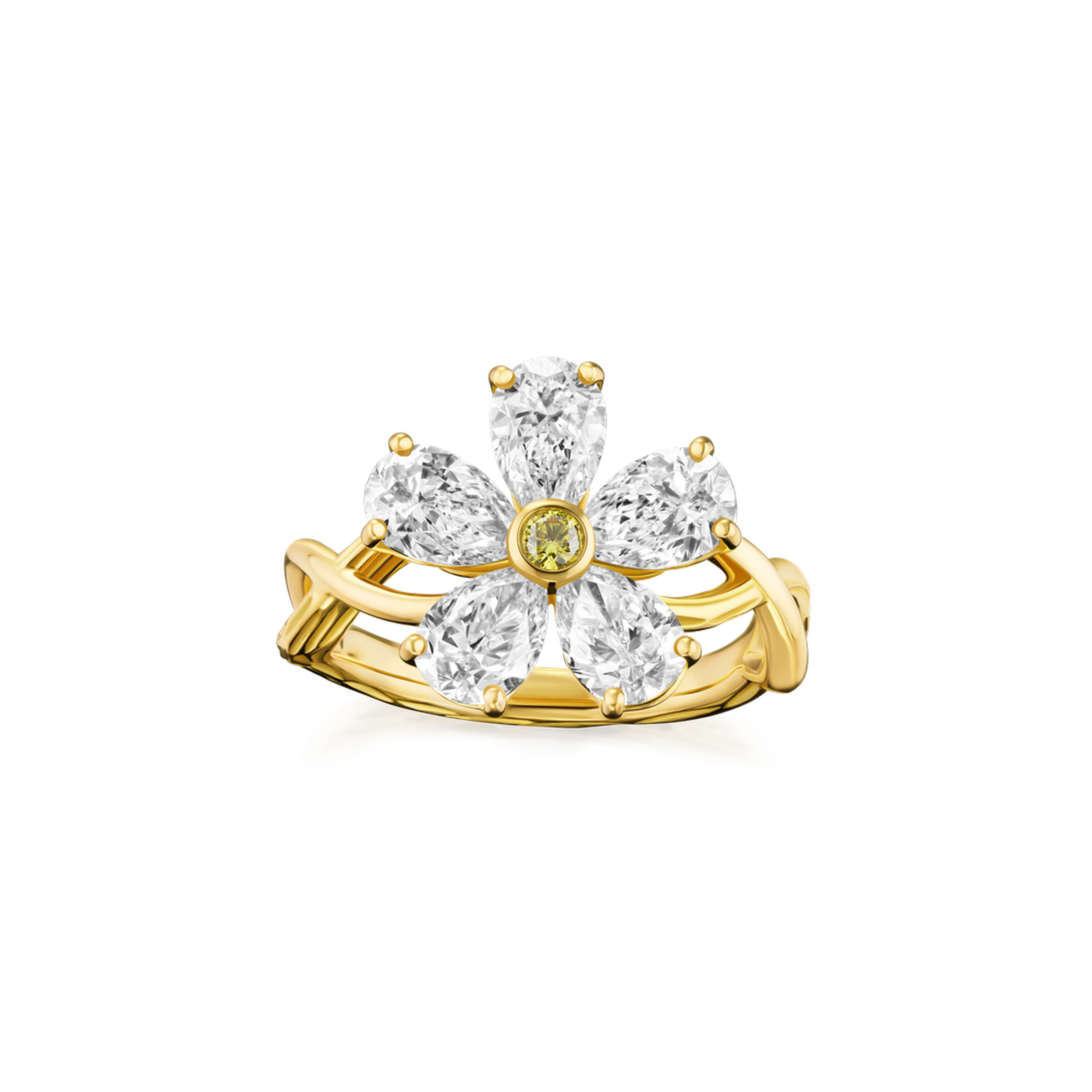 Gold ring with diamond flower design on a white background