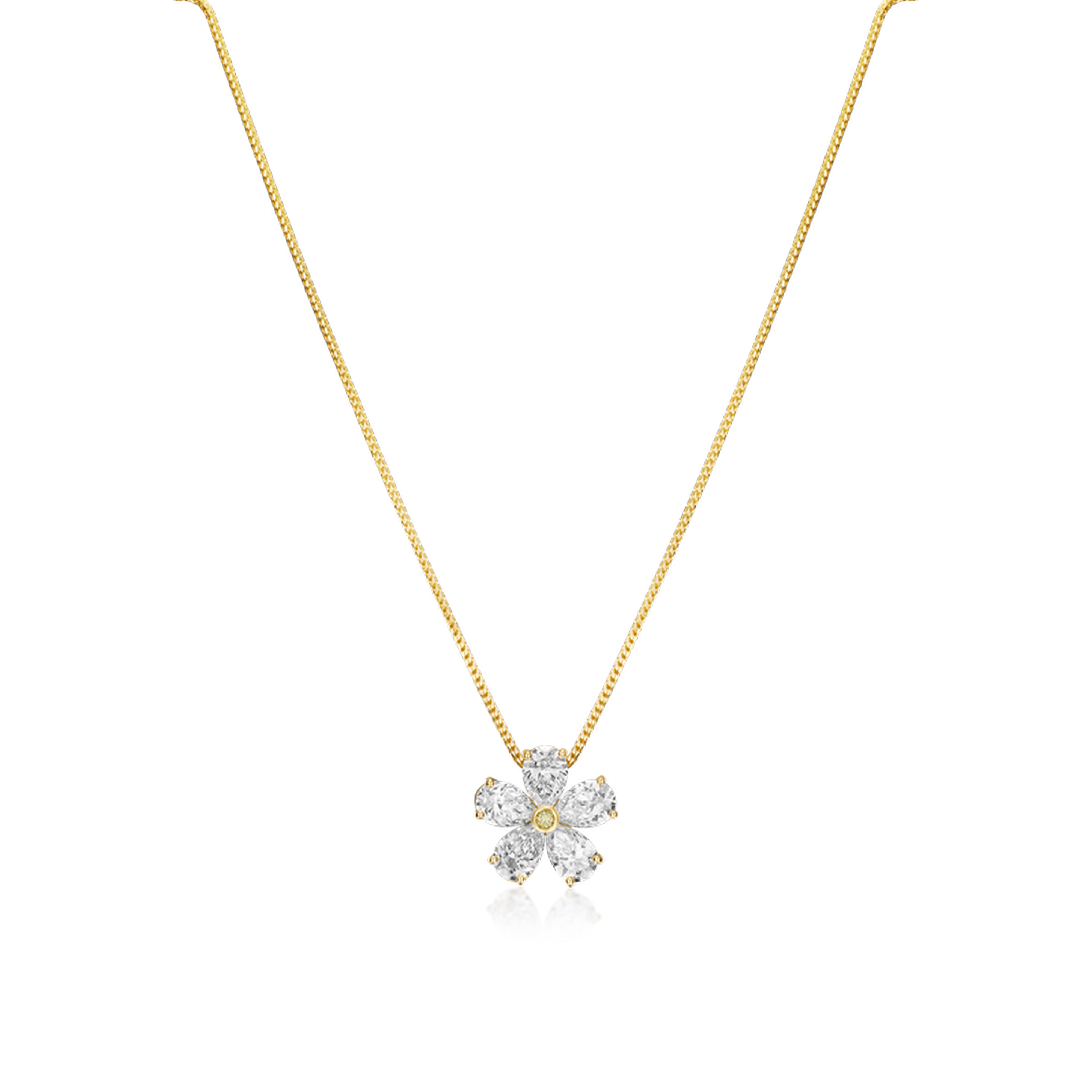 Gold necklace with a diamond flower pendant on a white background
