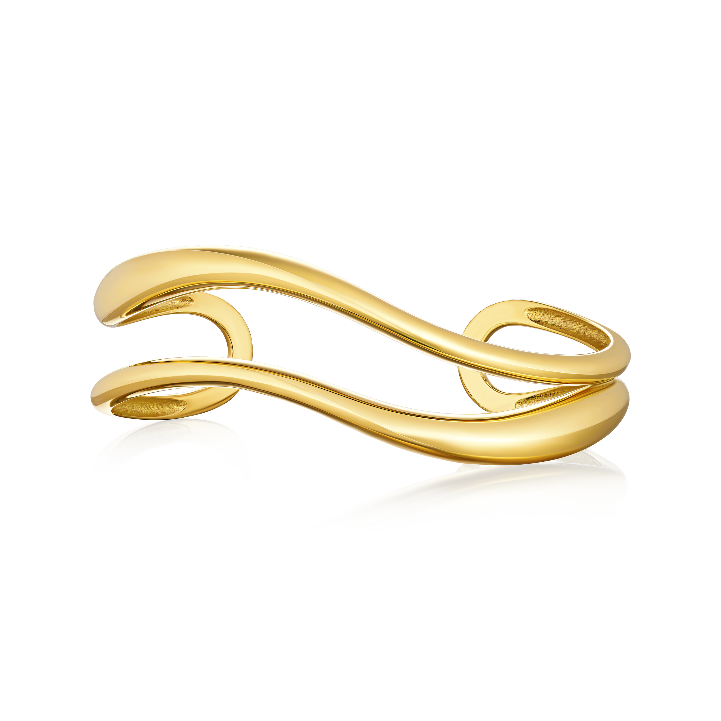 Gold bracelet with a wavy design on a white background