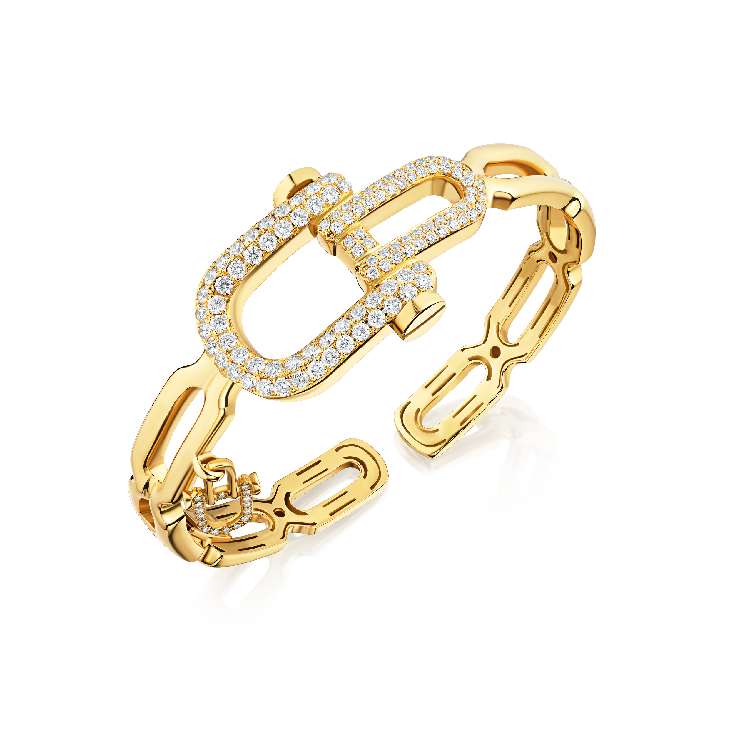 Gold bracelet with interlocking chain design on a white background
