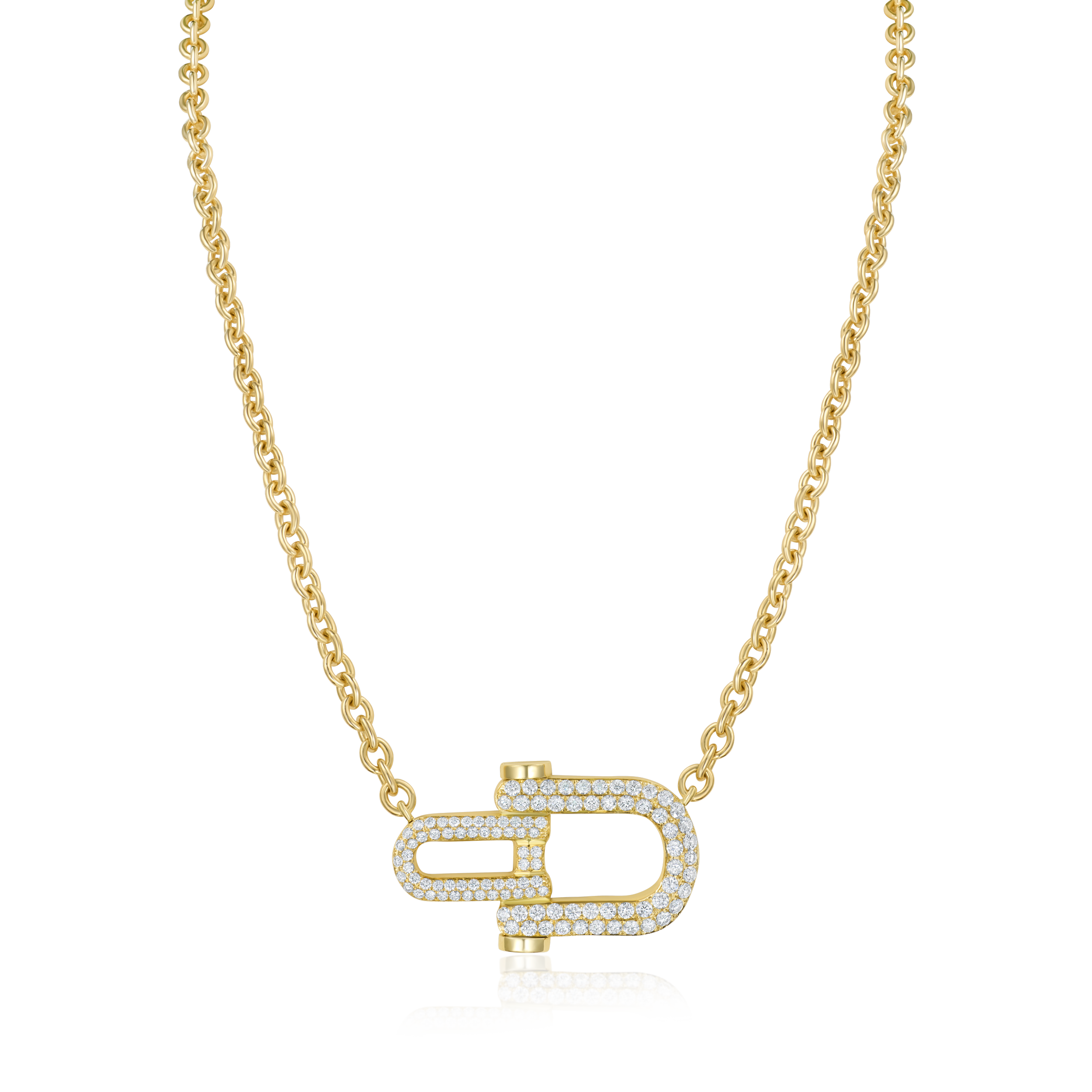 Gold necklace with a unique pendant on a white background