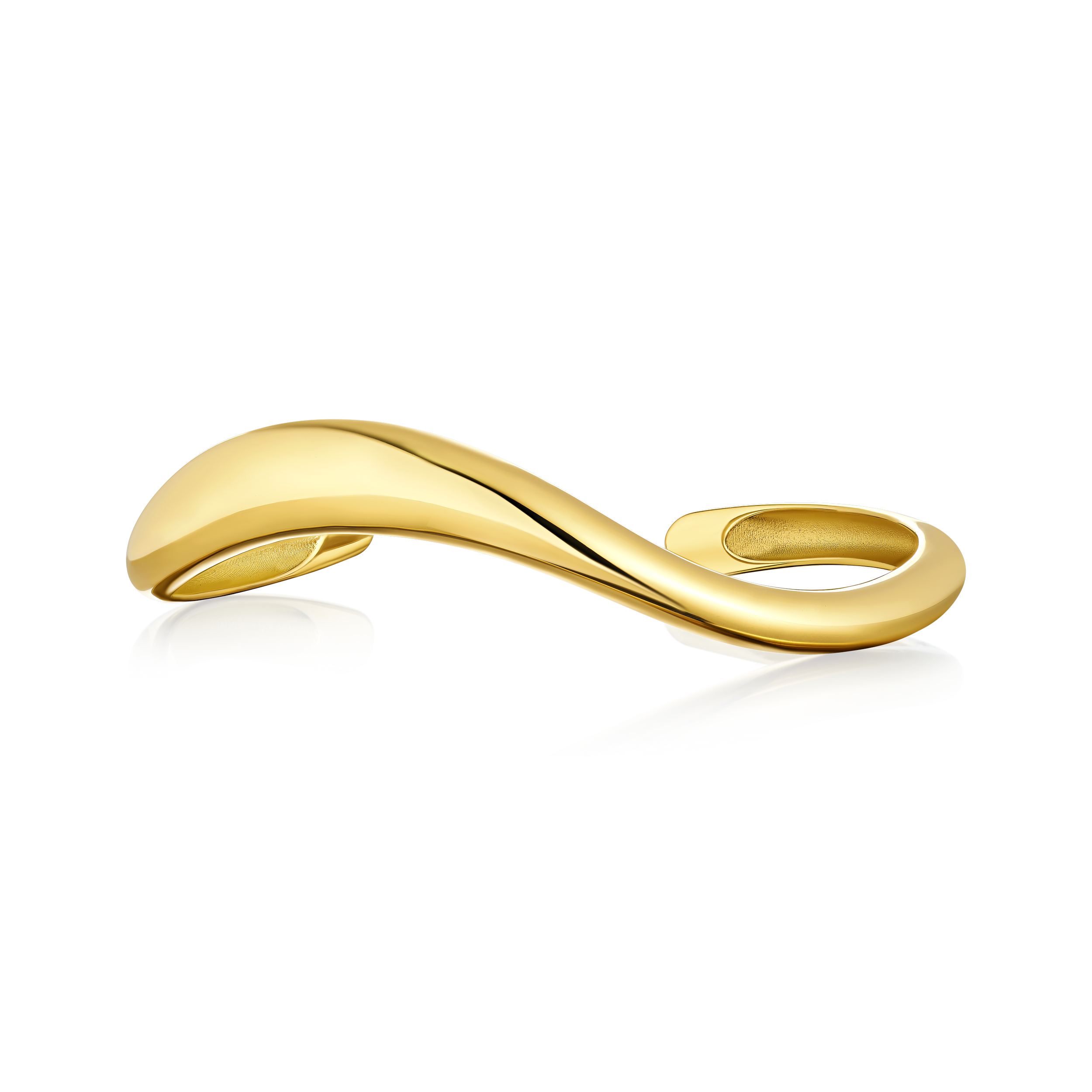 Gold ring with a wavy design on a white background