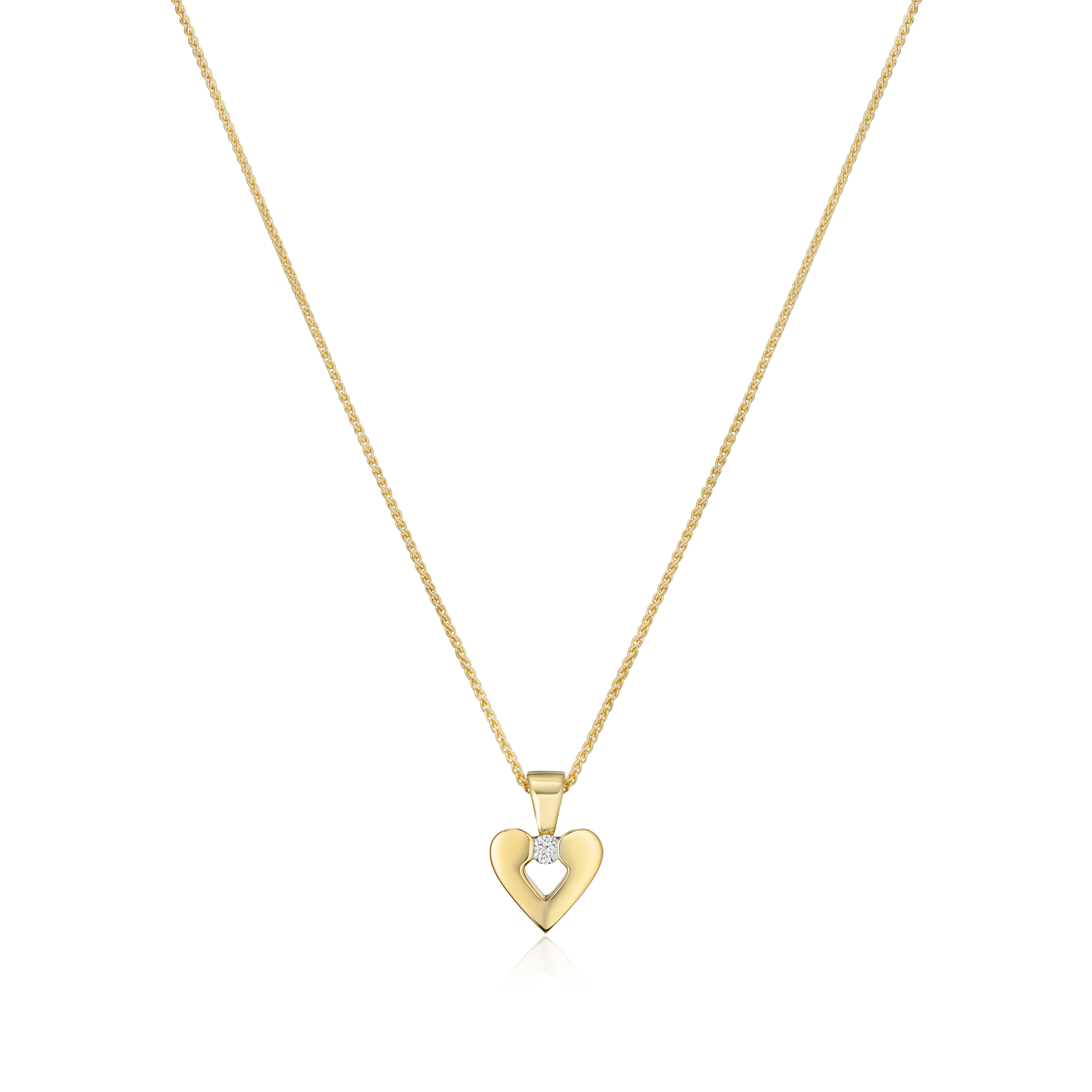 Gold heart-shaped pendant necklace on a white background