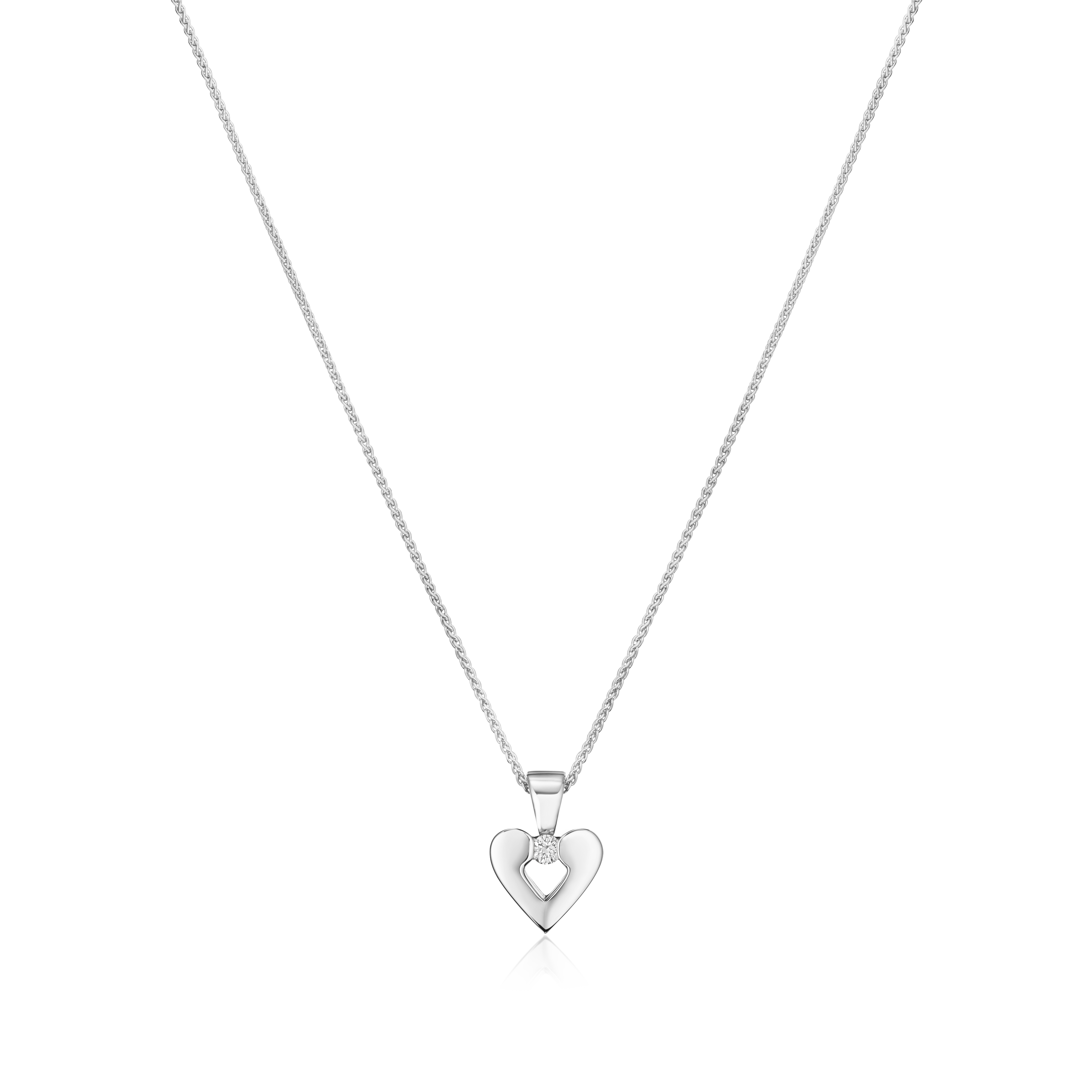 Silver heart-shaped pendant necklace on a white background