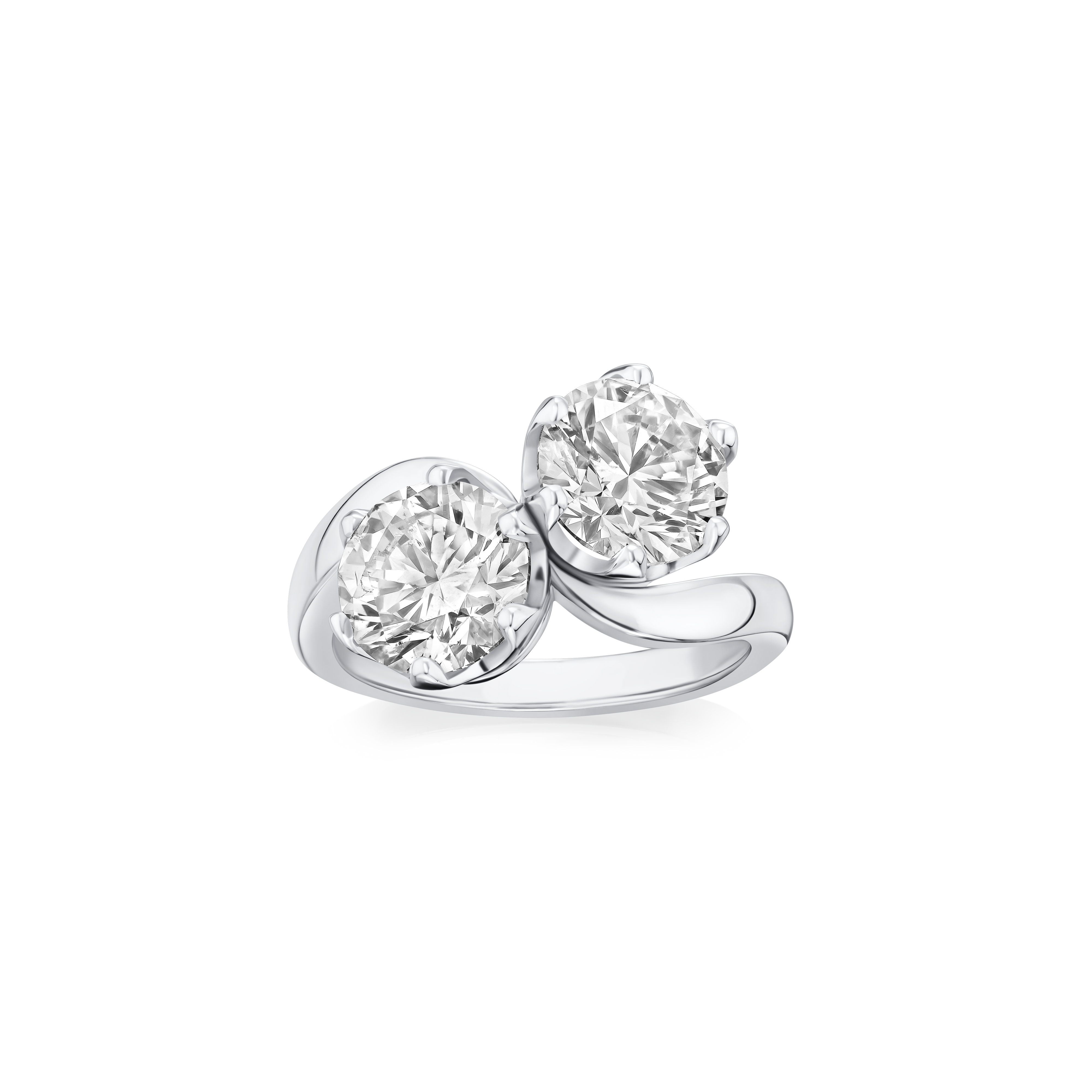 Diamond ring with two round diamonds on a white background