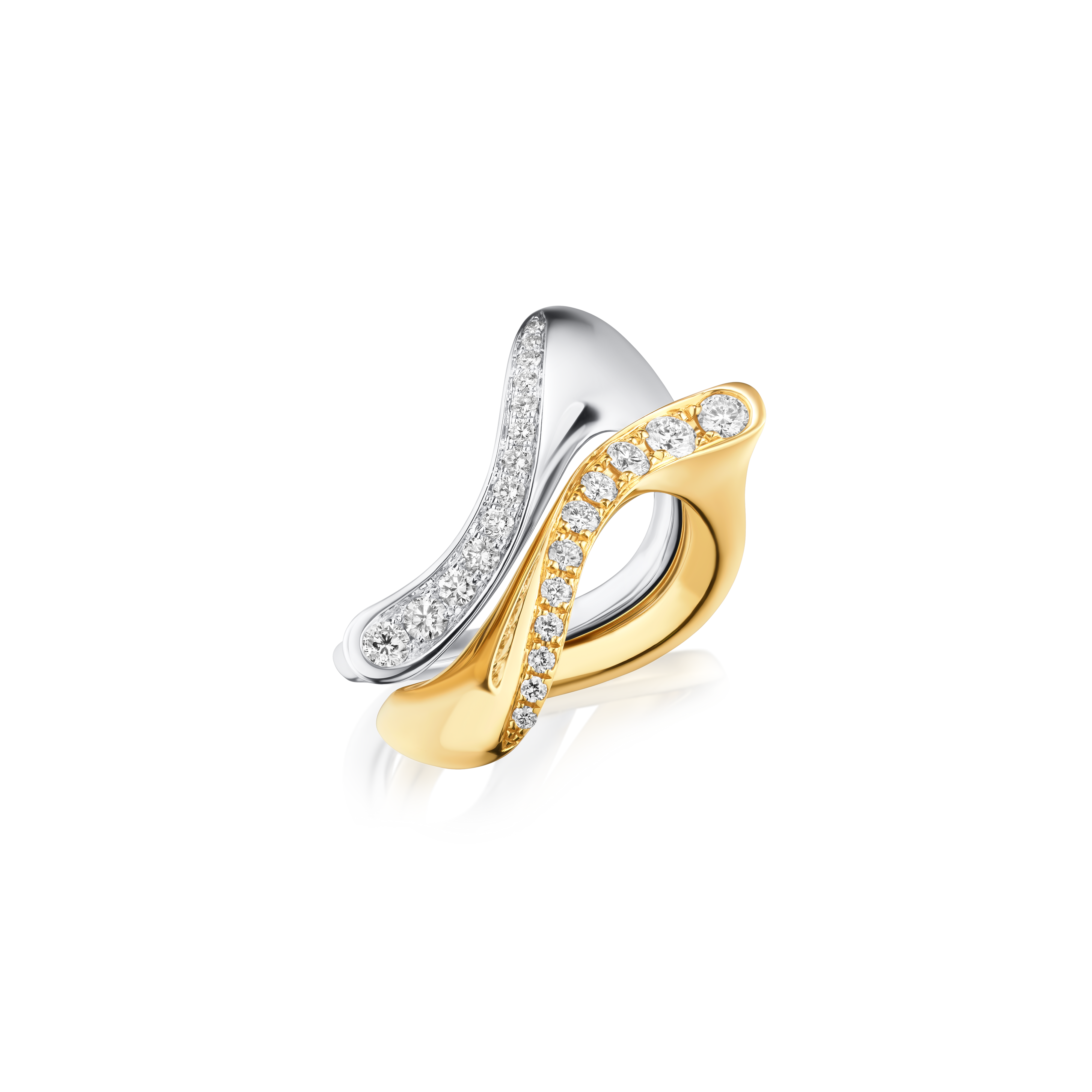 Two-tone gold and silver ring with diamond accents on a white background