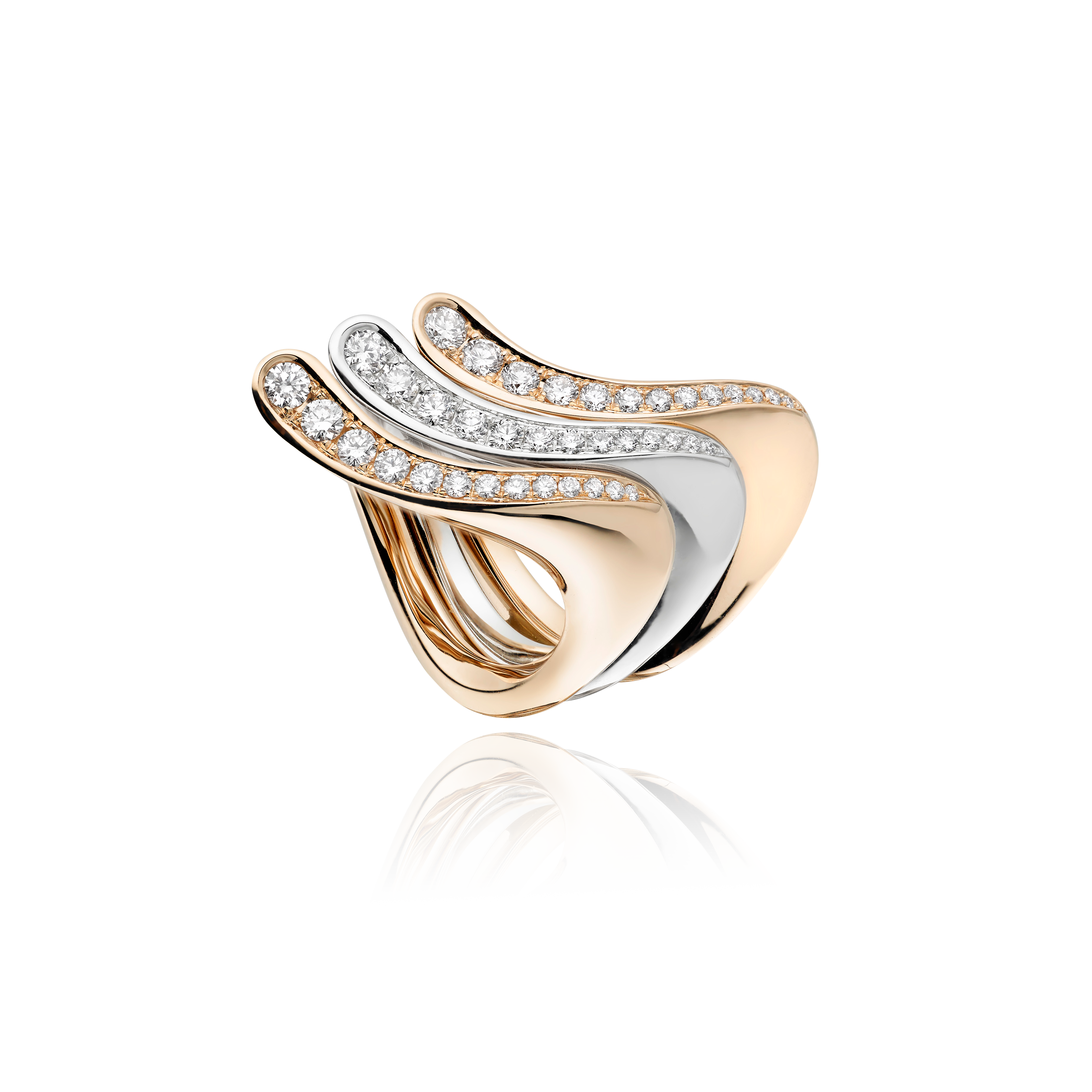 Gold and silver ring with diamond accents on a white background