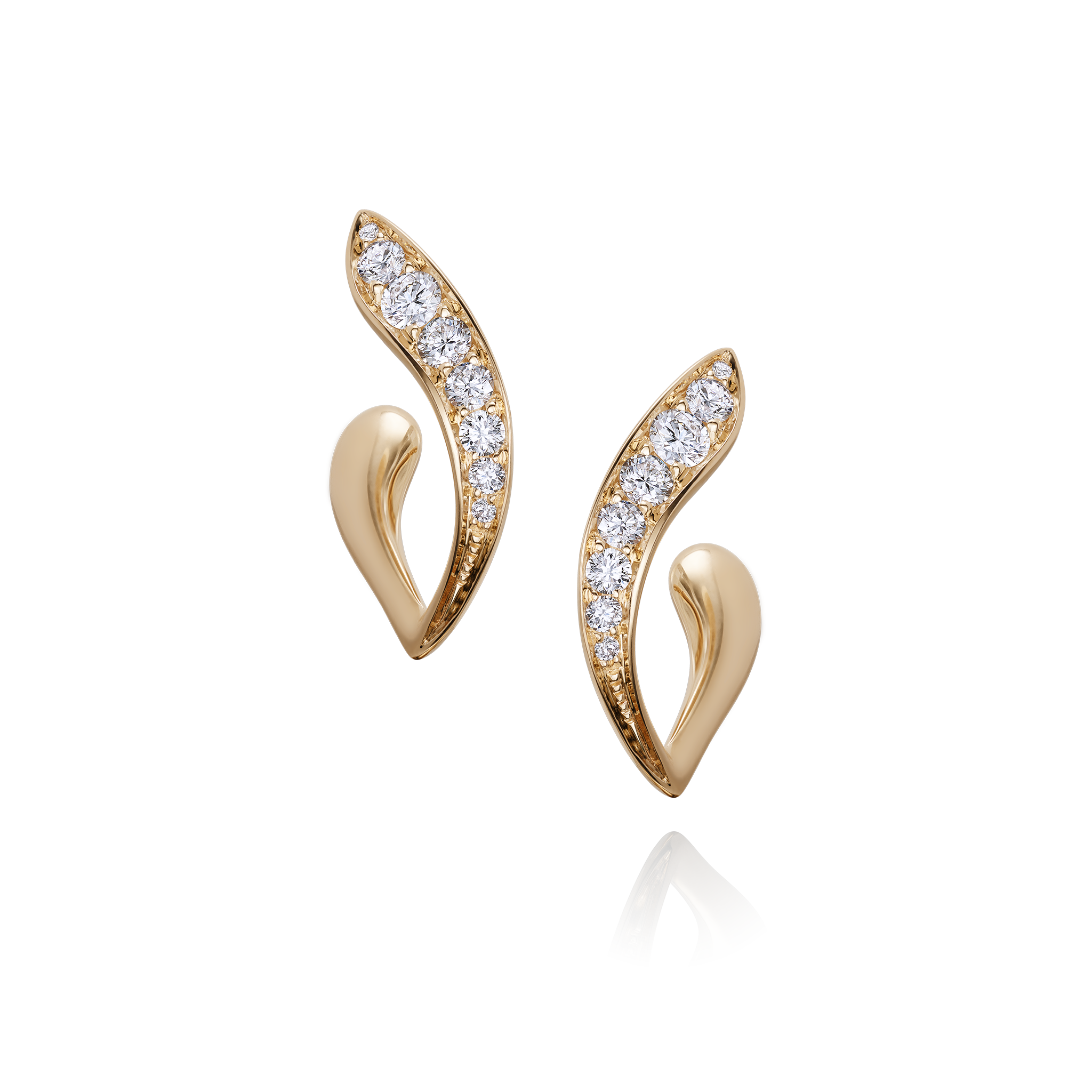 Gold earrings with diamond accents on a white background