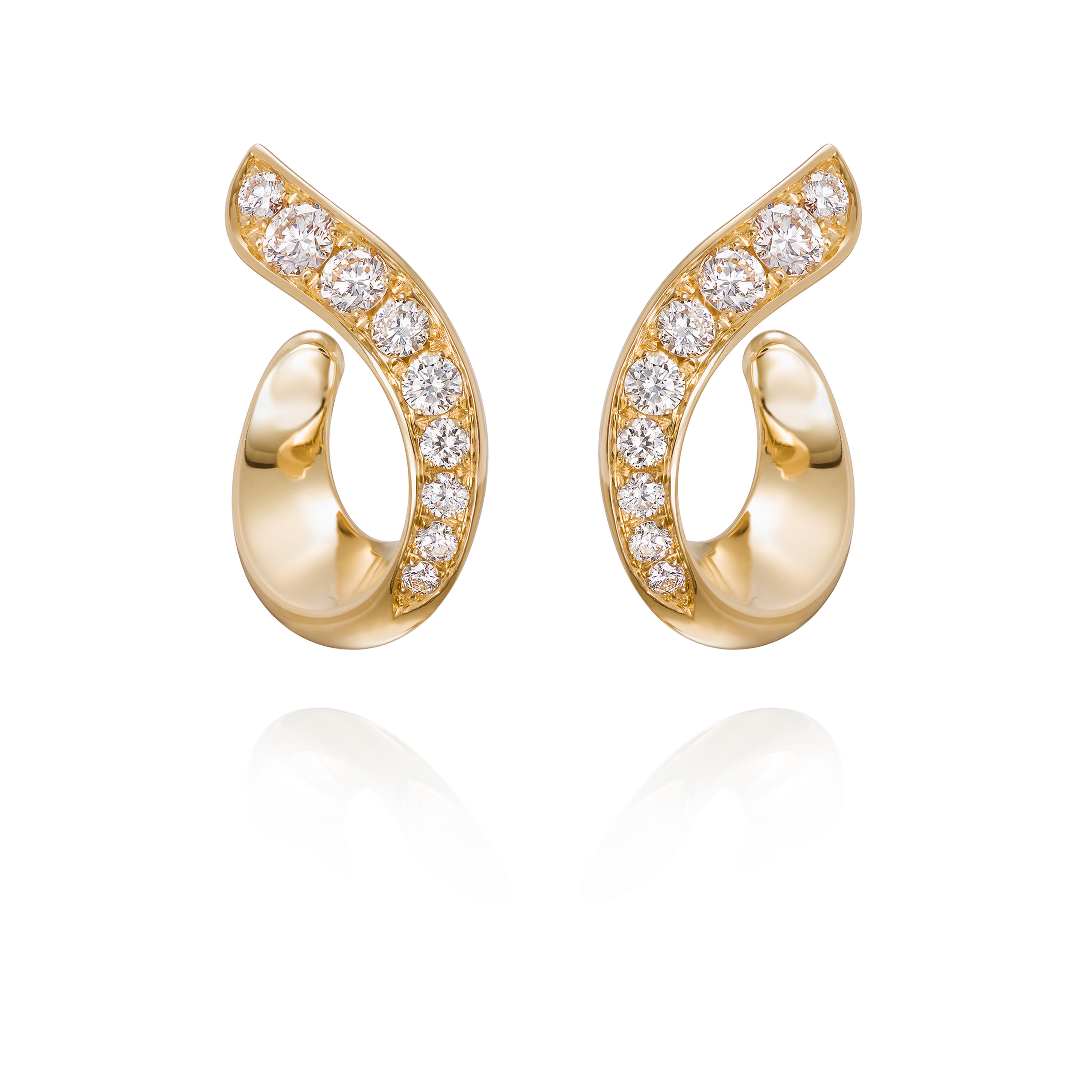 Gold hoop earrings with diamond accents on a white background