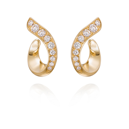 Gold hoop earrings with diamond accents on a white background