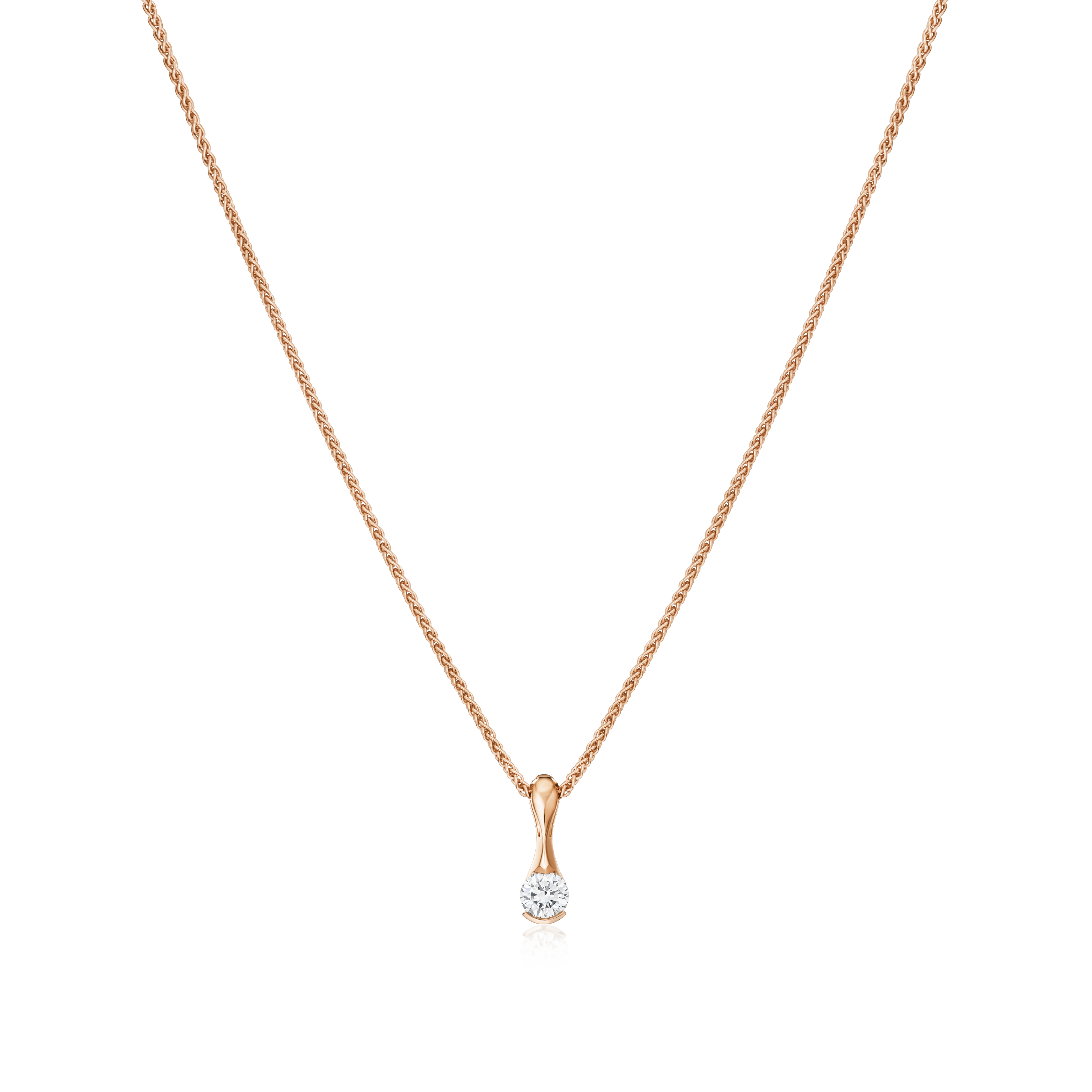 Rose gold necklace with a diamond pendant on a white background