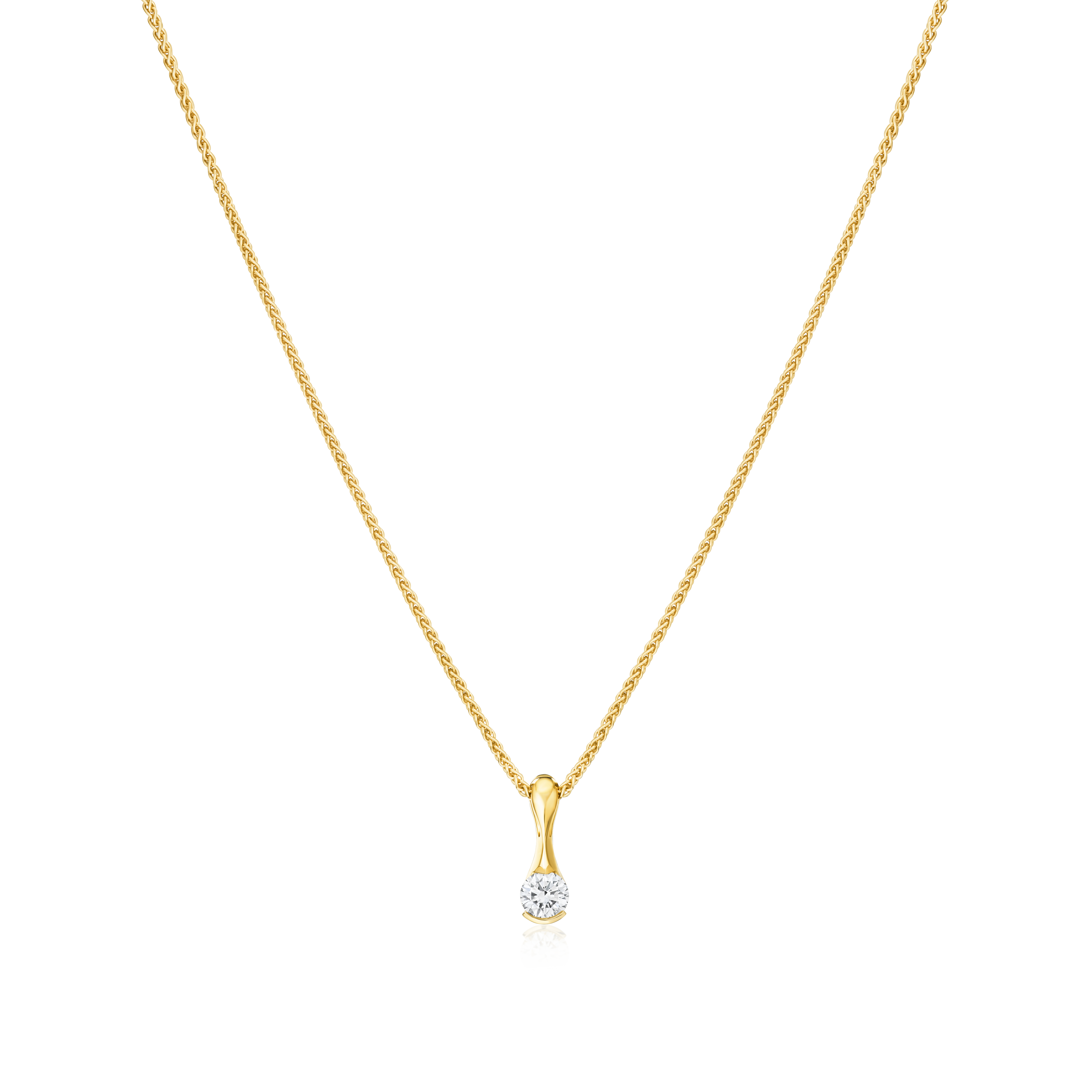 Gold necklace with a diamond pendant on a white background