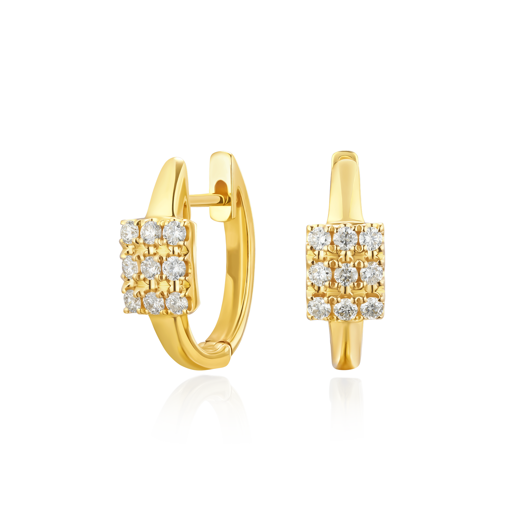 Gold hoop earrings with diamond accents on a white background