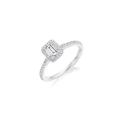 Mixed Metal Emerald Cut Halo Engagement Ring