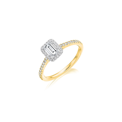 Mixed Metal Emerald Cut Halo Engagement Ring