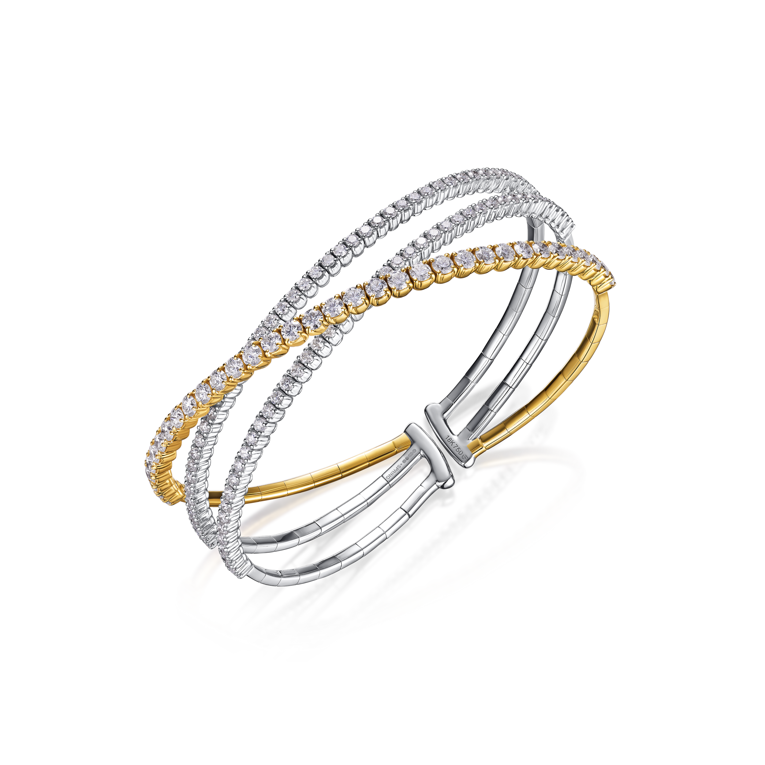 Two gold and silver bracelets with diamond accents on a white background