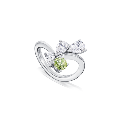 Silver ring with a green gemstone on a white background