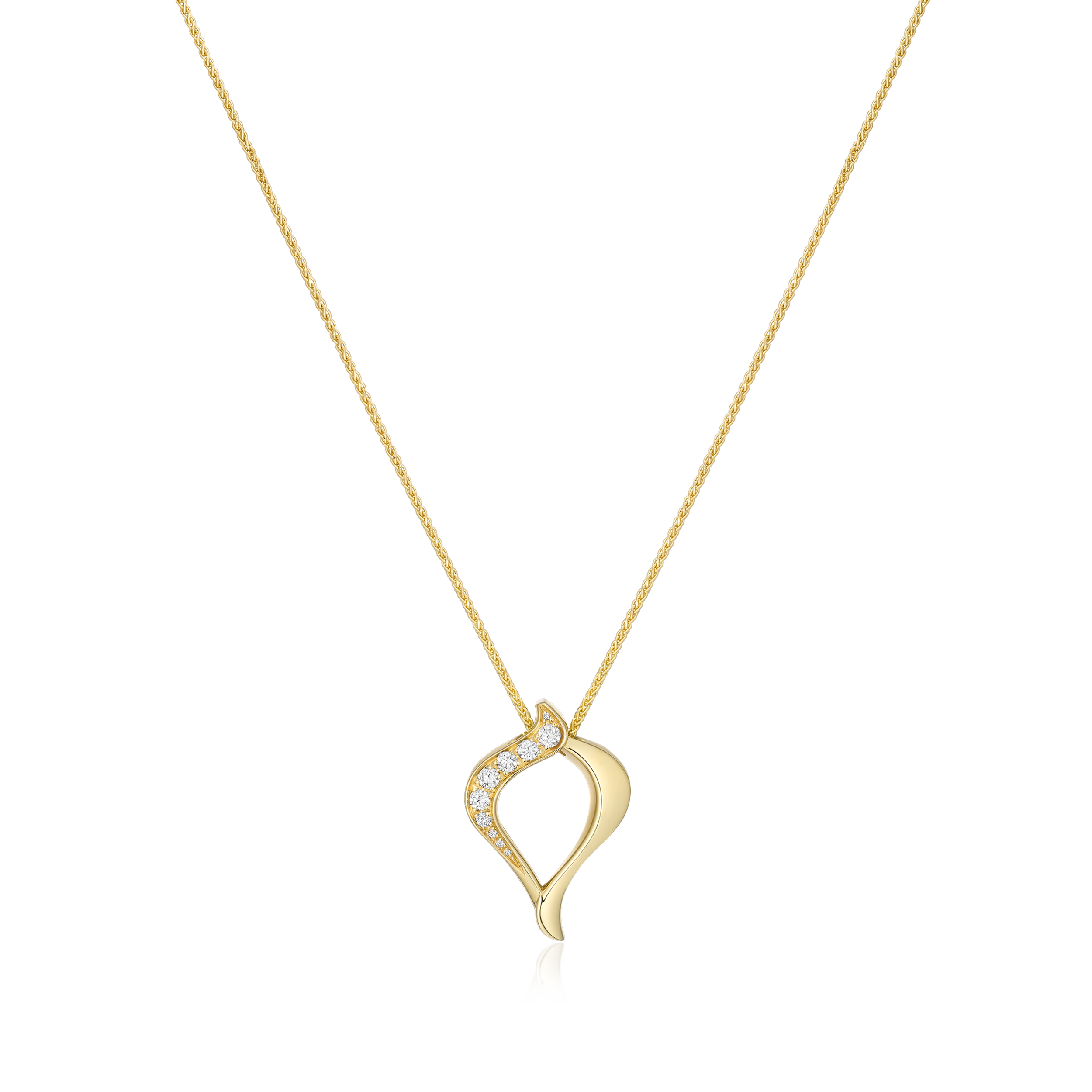 Gold necklace with a heart-shaped pendant on a white background