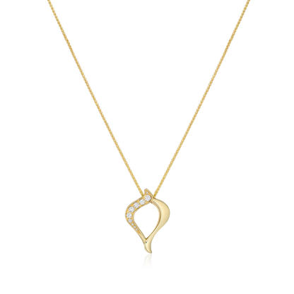 Gold necklace with a heart-shaped pendant on a white background